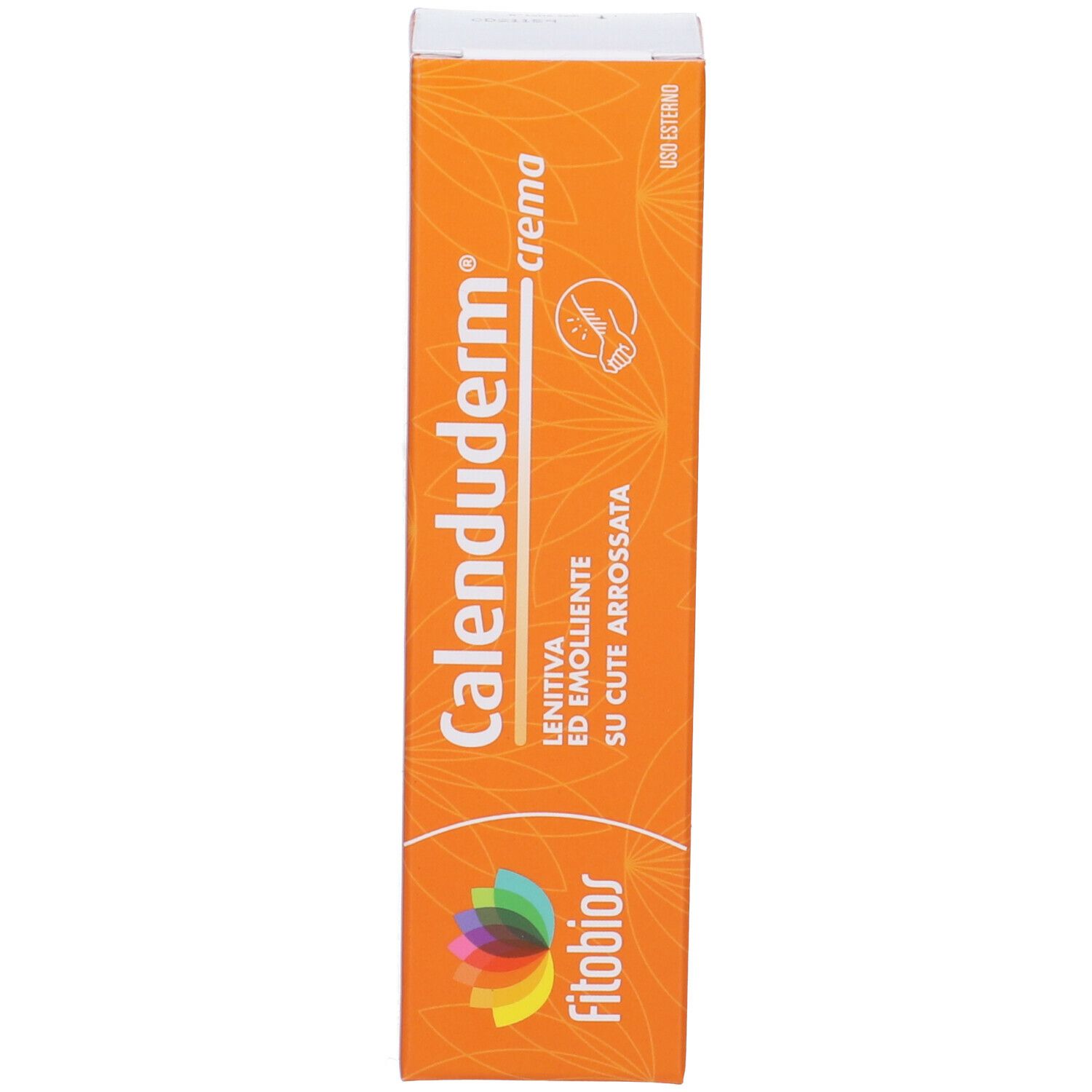 Confezione della crema. Scritta: Calenduderm Crema. Colori: arancione, bianco. Logo: Fitobios. Certificazione: ECOCERT.