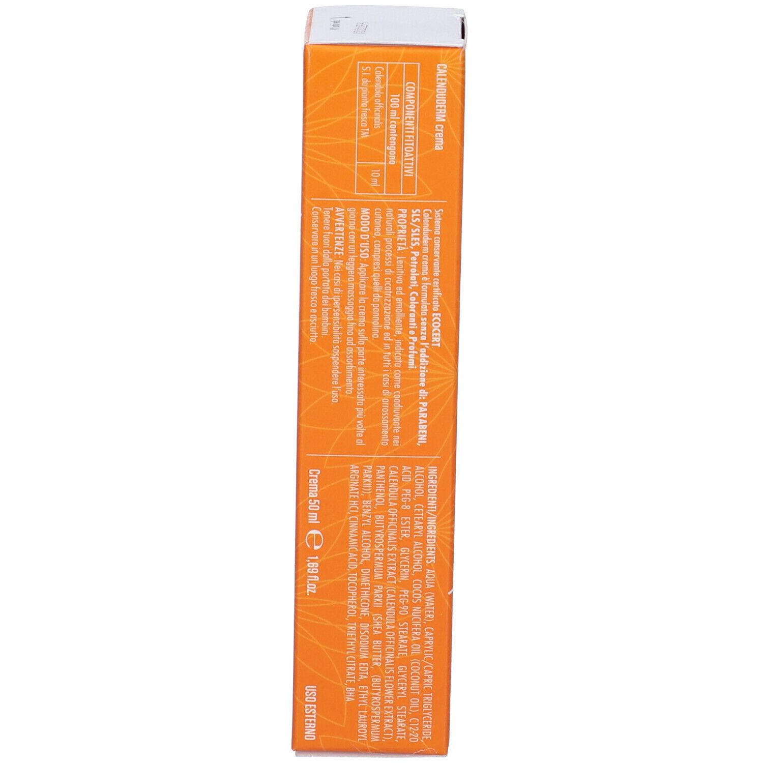 Confezione della crema. Testo: ingredienti, avvertenze. Colori: arancione, bianco. Volume: 50 ml. Certificazione: ECOCERT.