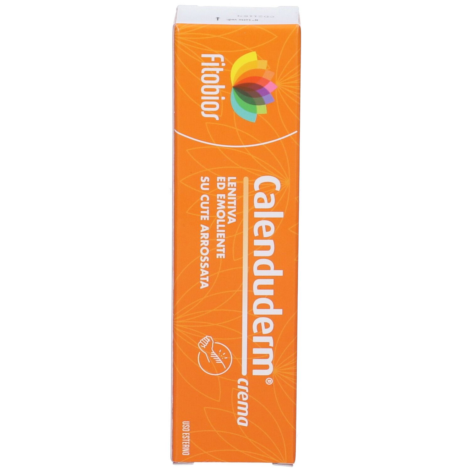 Confezione della crema. Scritta: Calenduderm Crema. Logo: Fitobios. Colori: arancione, bianco. Certificazione: ECOCERT.
