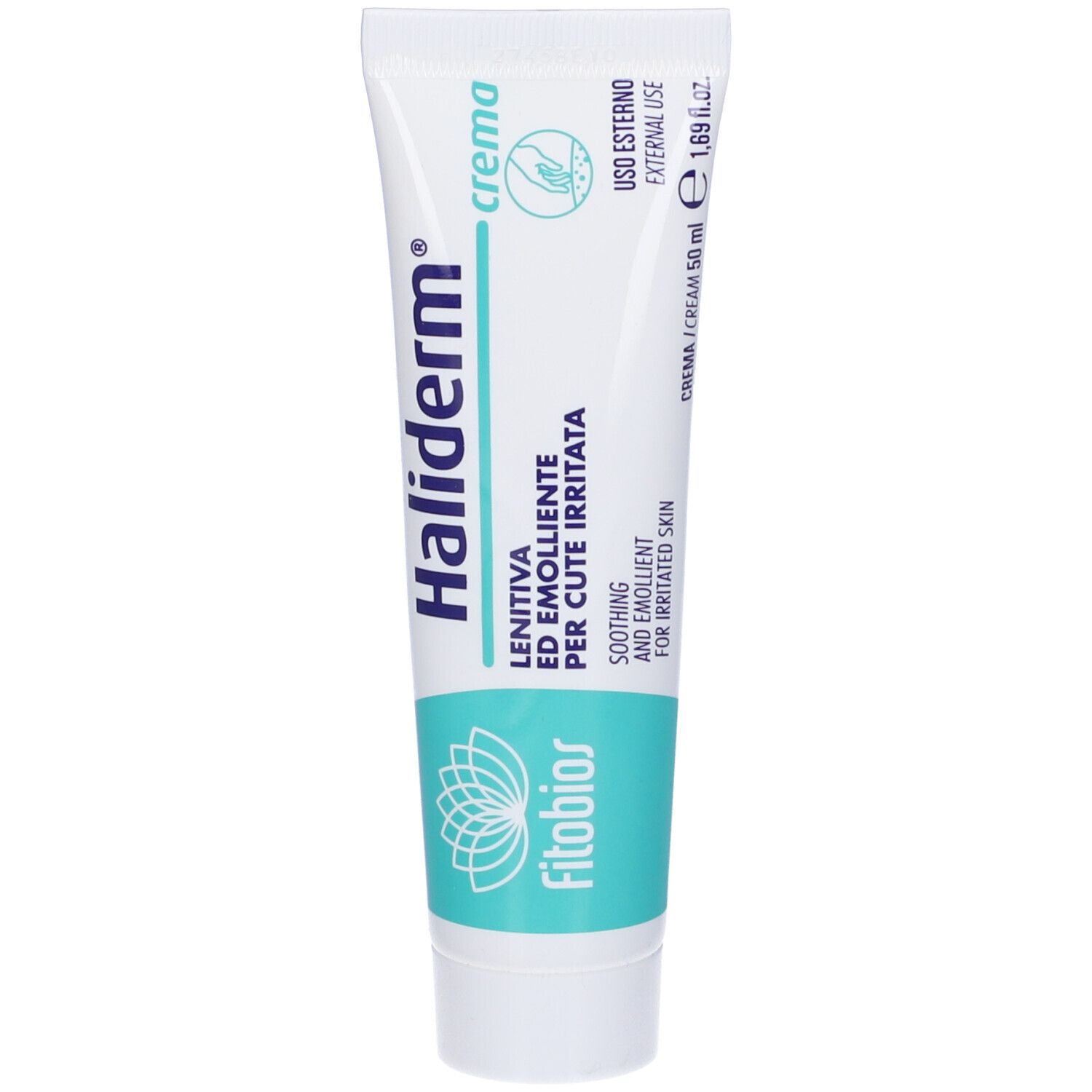 Tubo di Fitobios Haliderm Crema. Tubo bianco con testo blu. Testo: Lenitiva ed emolliente per cute irritata. 50 ml.