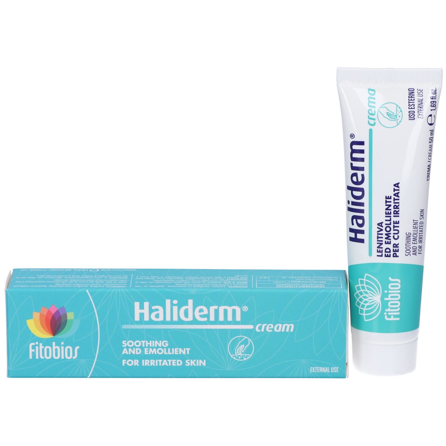 Tubo e scatola Fitobios Haliderm Crema. Tubo e scatola affiancati. Testo: Soothing and emollient for irritated skin.