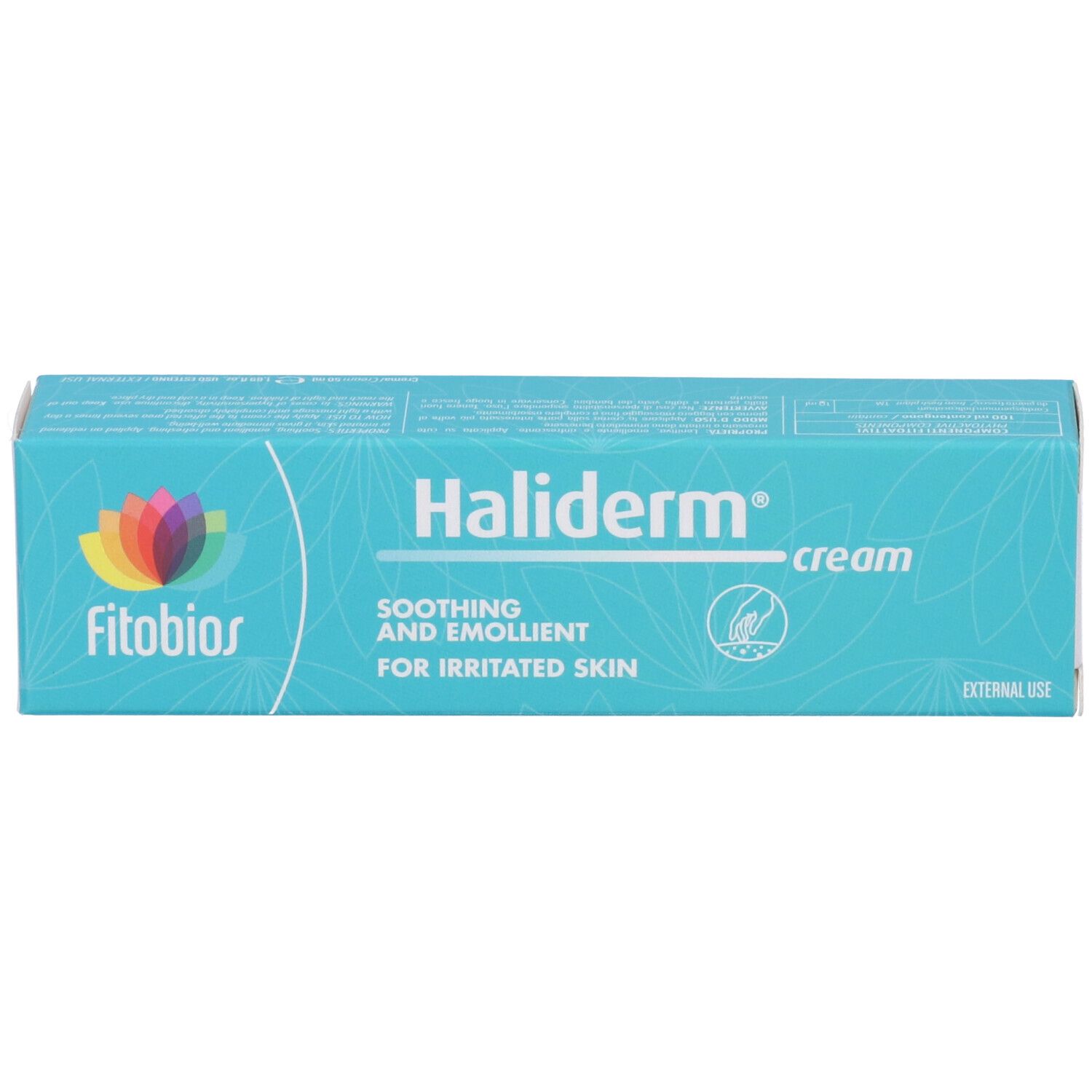 Scatola Fitobios Haliderm Crema. Scatola turchese con nome e logo del prodotto. Testo: Soothing and emollient for irritated skin.
