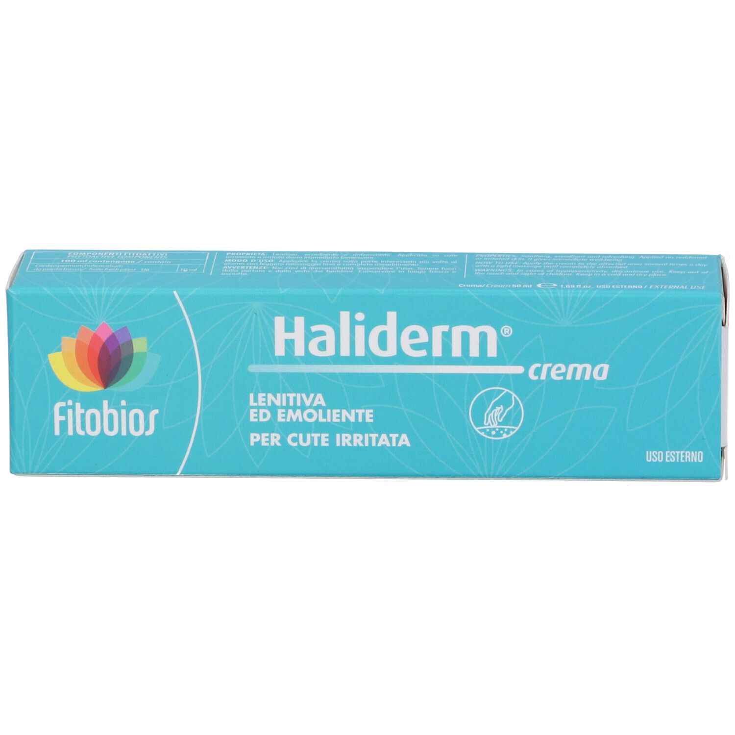 Scatola Fitobios Haliderm Crema. Scatola turchese con nome e logo del prodotto. Testo: Lenitiva ed emolliente per cute irritata.