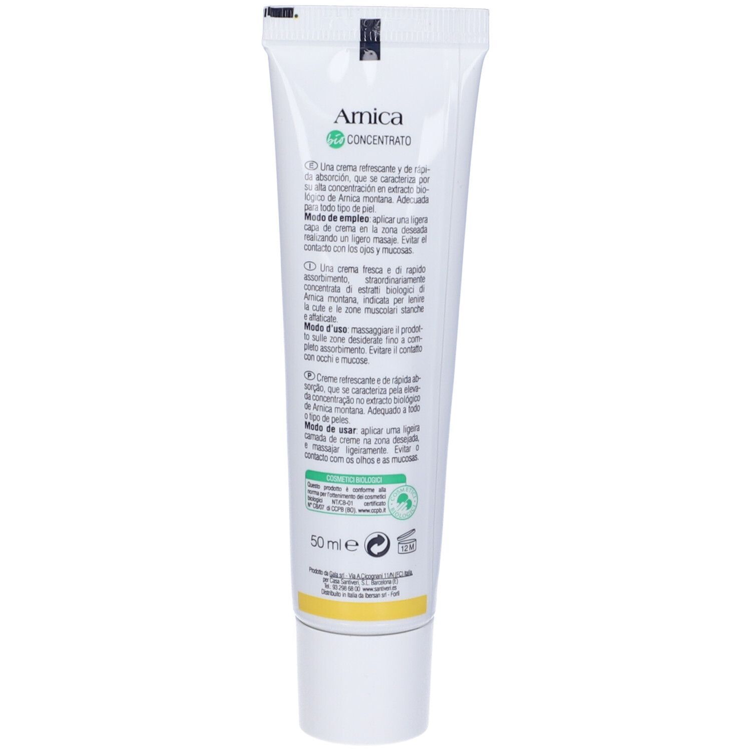 Retro del tubo. Testo multilingue. 'Arnica Concentrato'. Scritta verde e bianca. 50 ml.