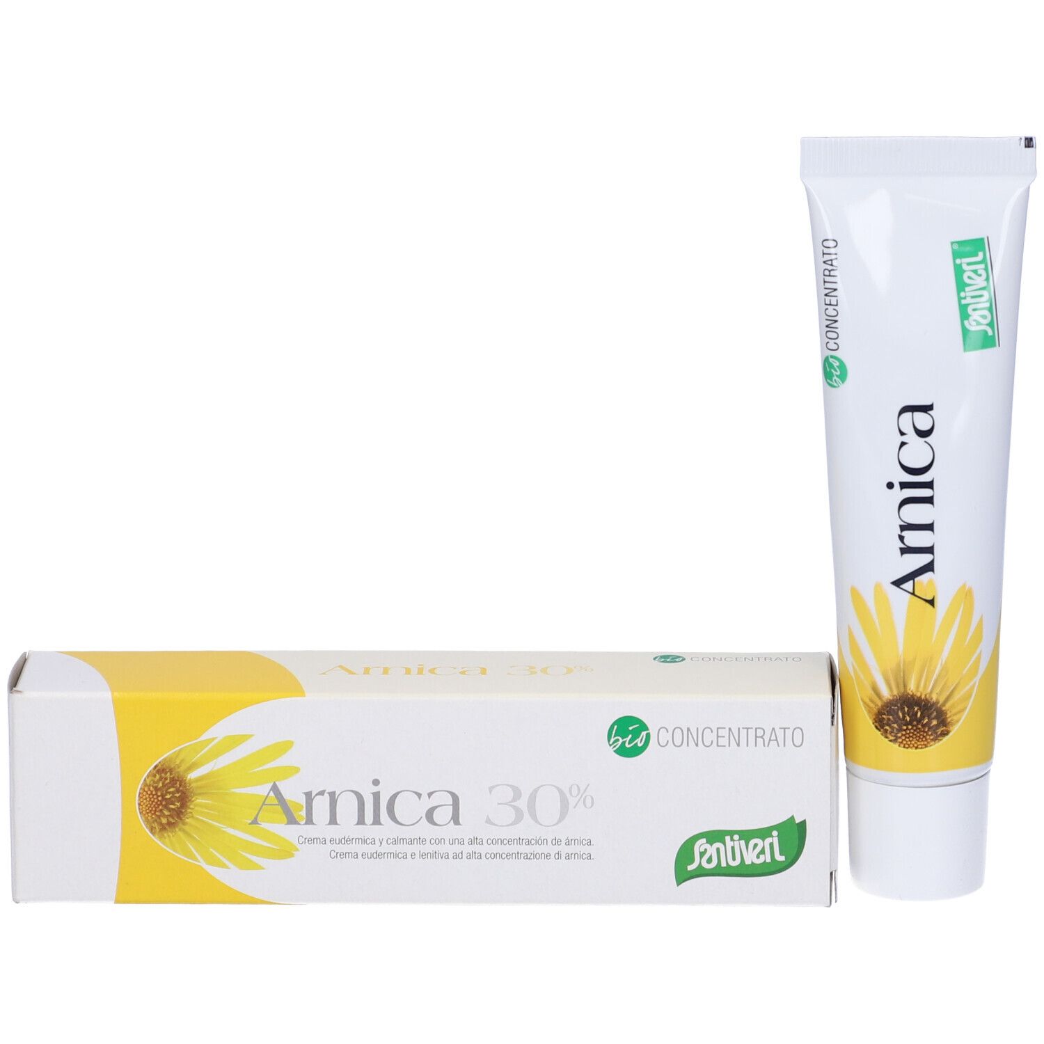 Tubo e scatola. Tubo con 'Arnica' e illustrazione di girasole. Scatola con 'Arnica 30%' e logo.