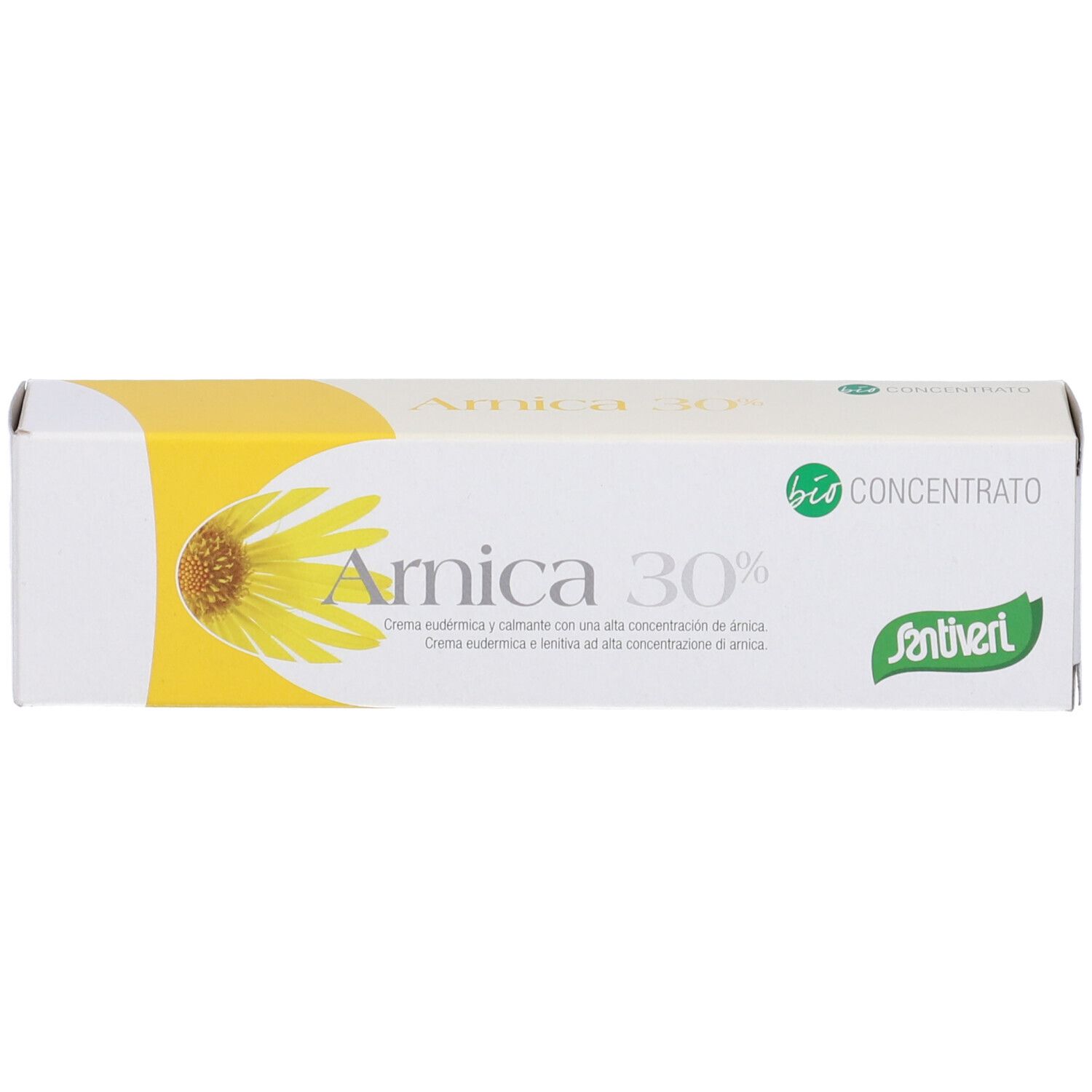 Scatola con 'Arnica 30%' e illustrazione di girasole. Scritta verde e bianca. 'Concentrato'.