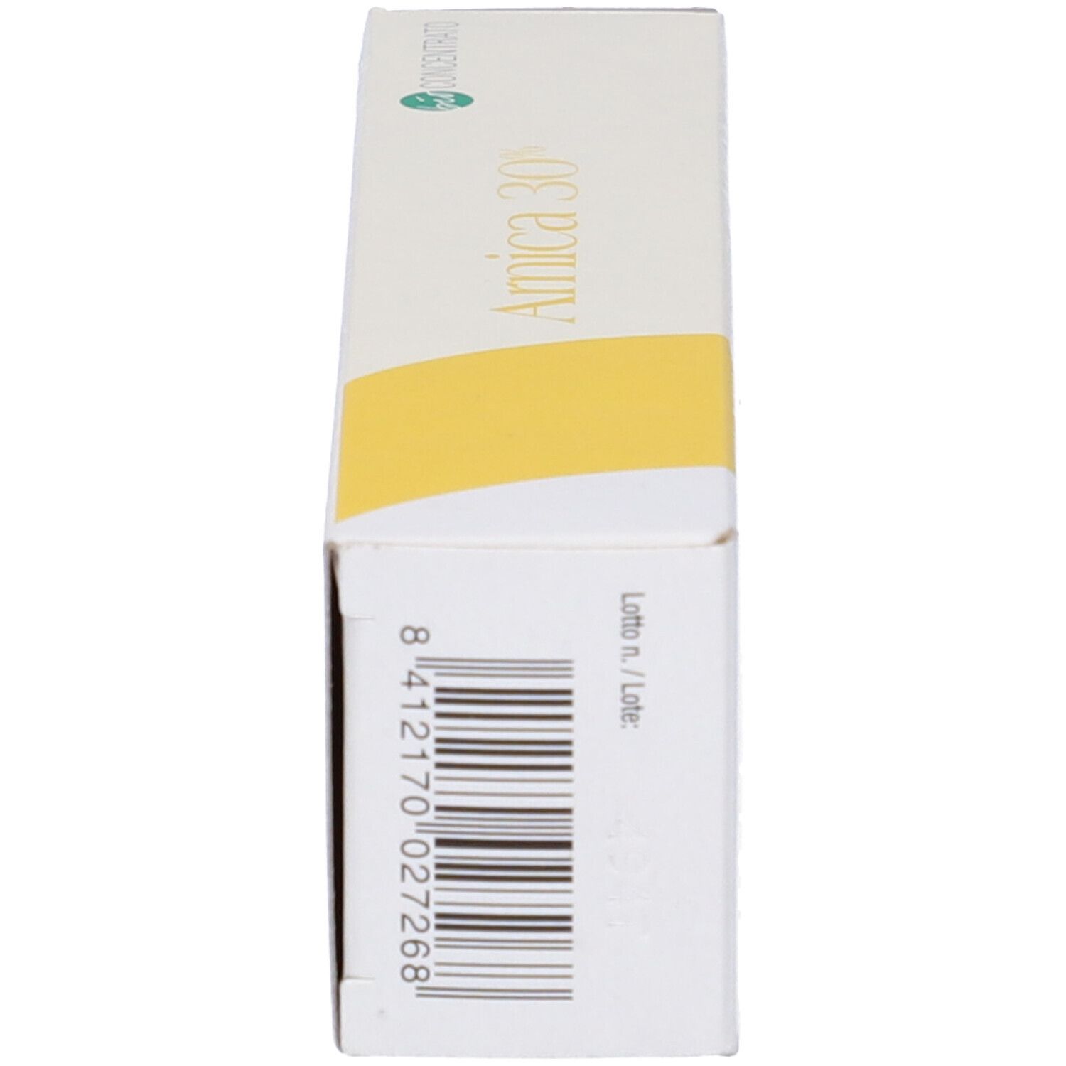 Vista laterale della scatola. Codice a barre e testo. Bianco con design giallo e verde.
