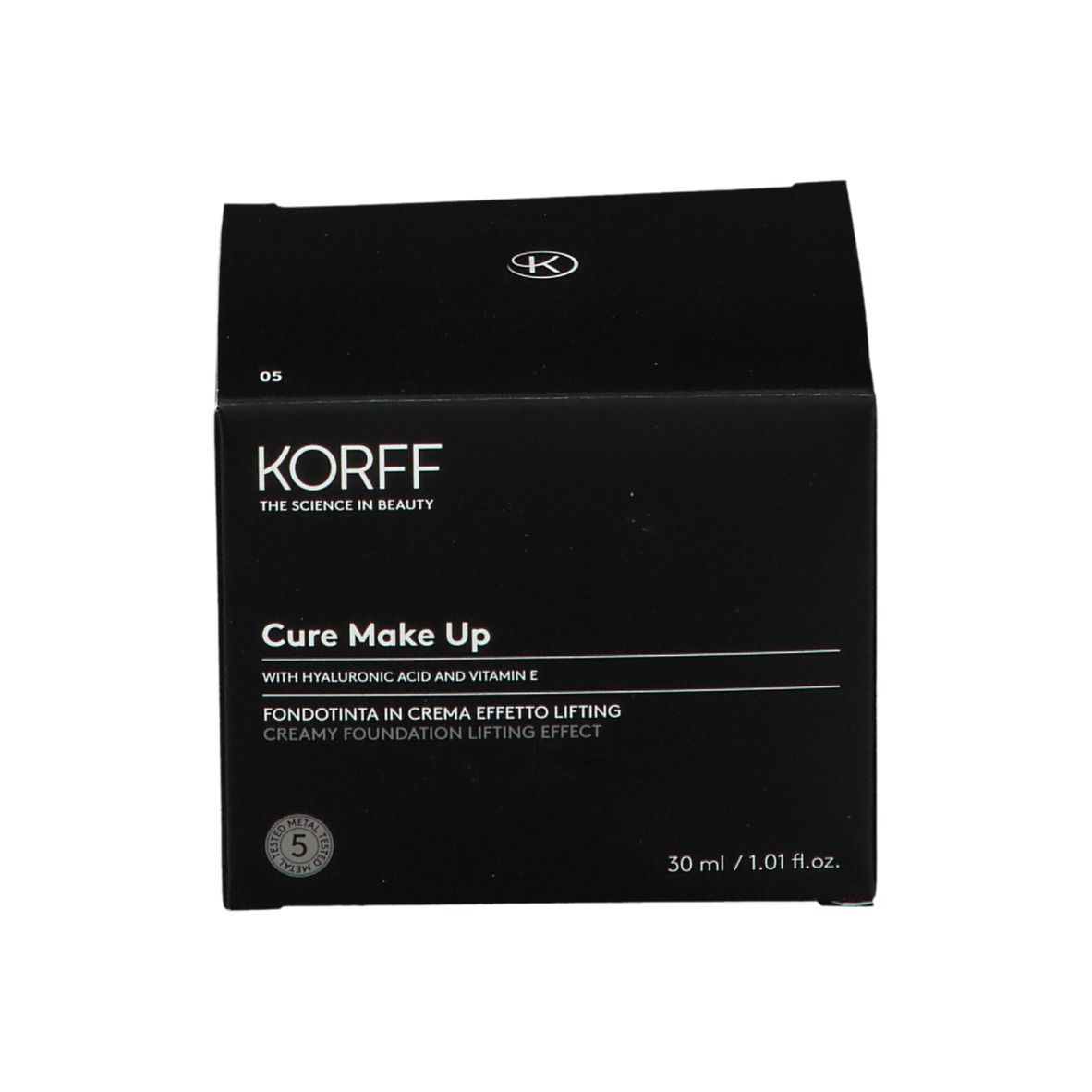 KORFF Fondotinta in crema effetto lifting 05. Confezione nera con nome del prodotto e ingredienti. Vasetto accanto.