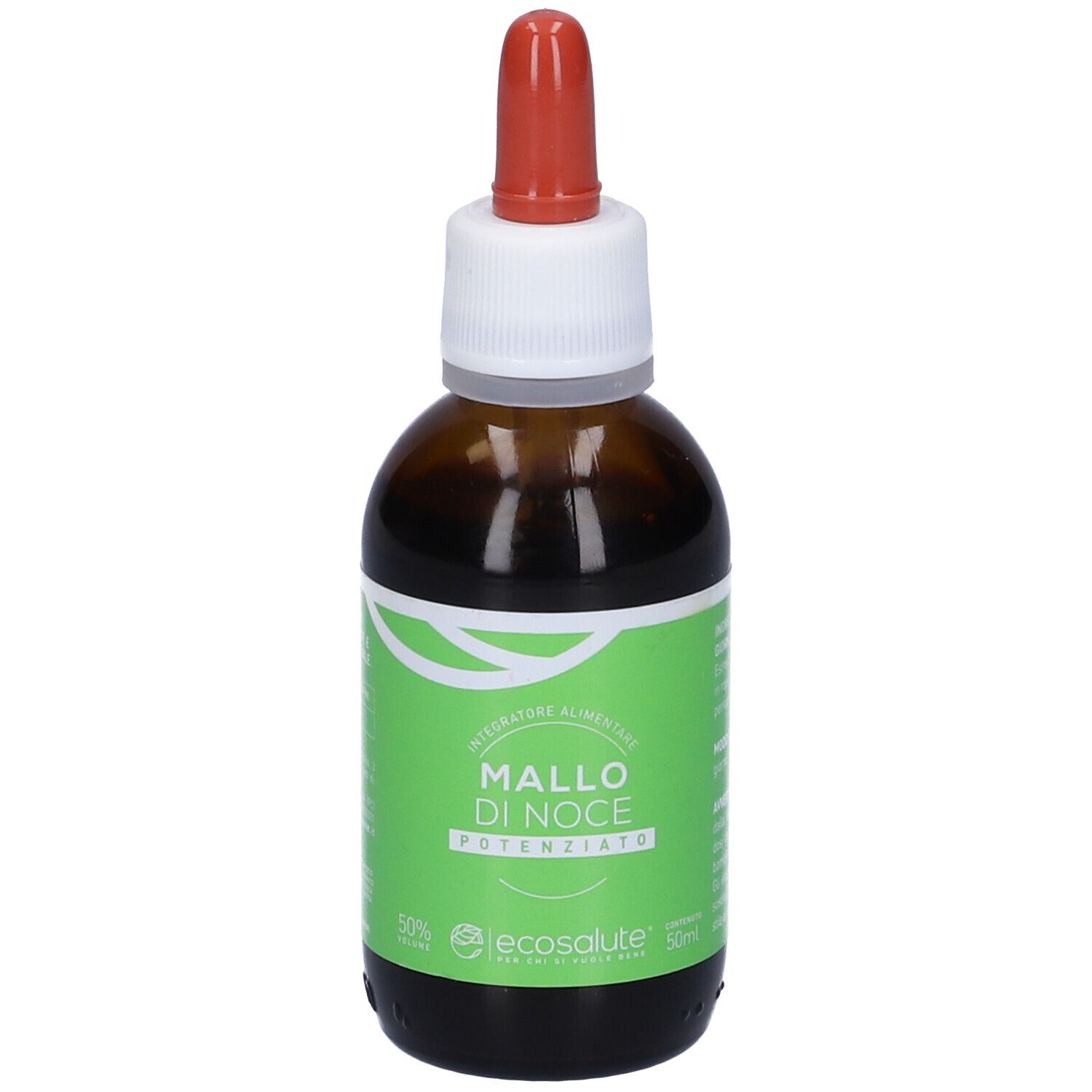 Flacone di vetro marrone con contagocce. Etichetta con testo: Mallo di Noce Potenziato. Marchio: ecosalute.