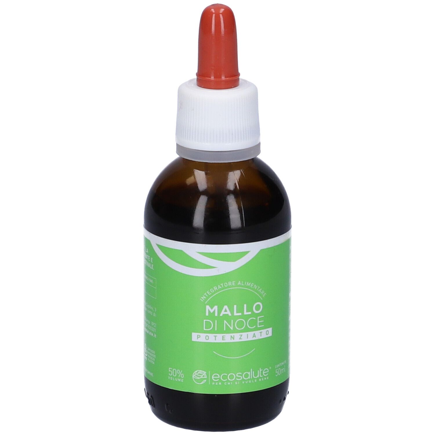 Flacone di vetro marrone con contagocce. Etichetta con testo: Mallo di Noce Potenziato. Marchio: ecosalute.