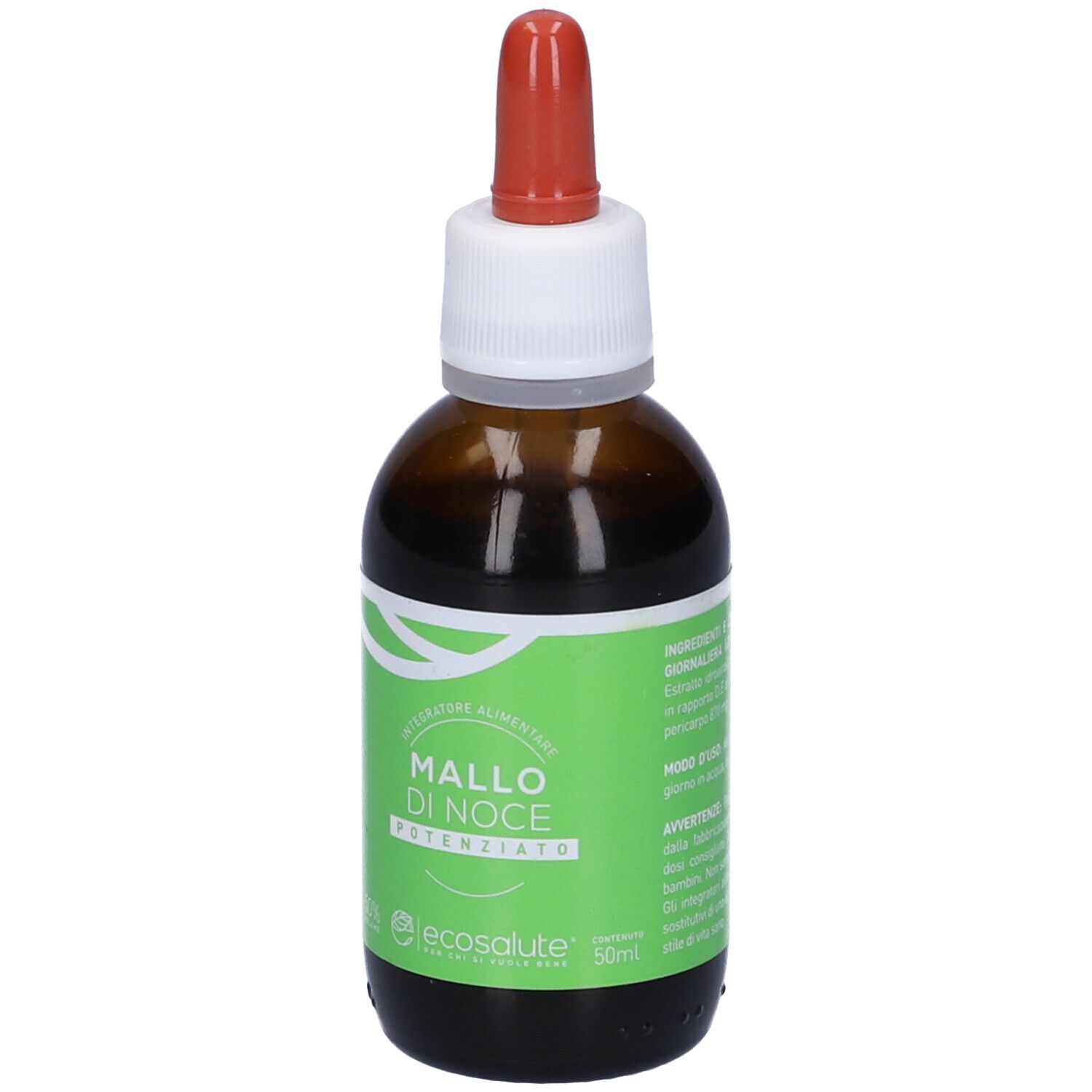 Flacone di vetro marrone con contagocce. Etichetta con testo: Mallo di Noce Potenziato. Marchio: ecosalute.