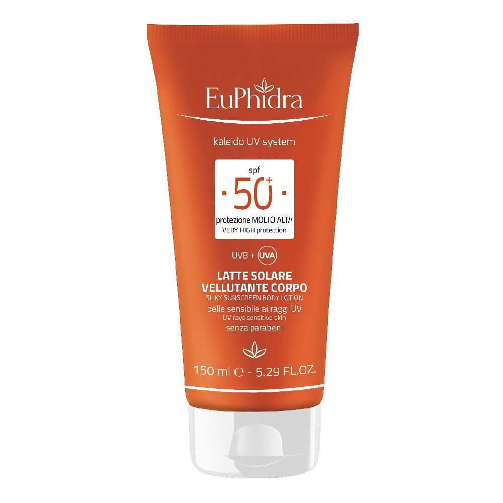 Tubo arancione di crema solare. Scritte: EuPhidra, Kaleido UV system, SPF 50, Latte Solare, 150 ml.