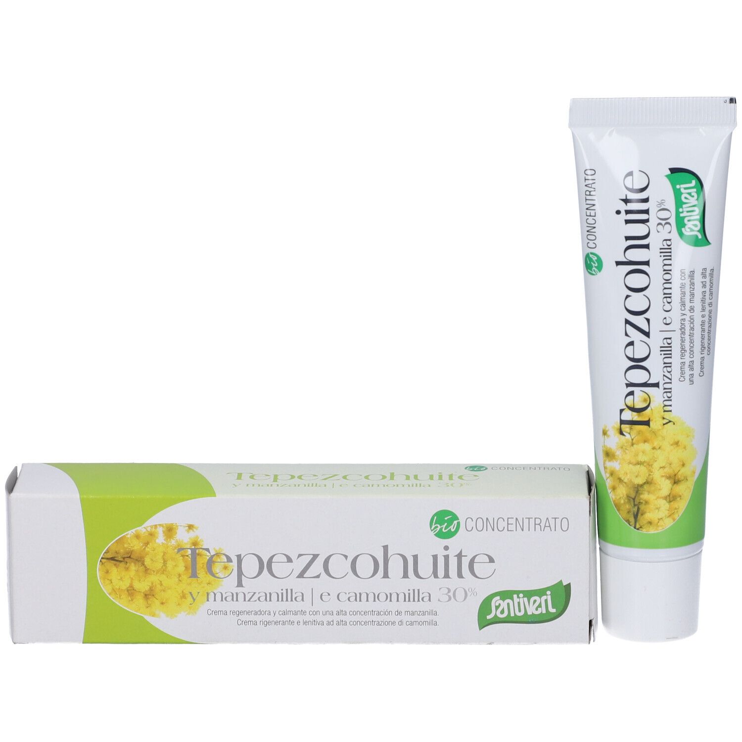 Tubo di crema e scatola. Scritta Tepezcohuite y manzanilla e camomilla 30%. Design verde e bianco. Marchio: Santiveri.