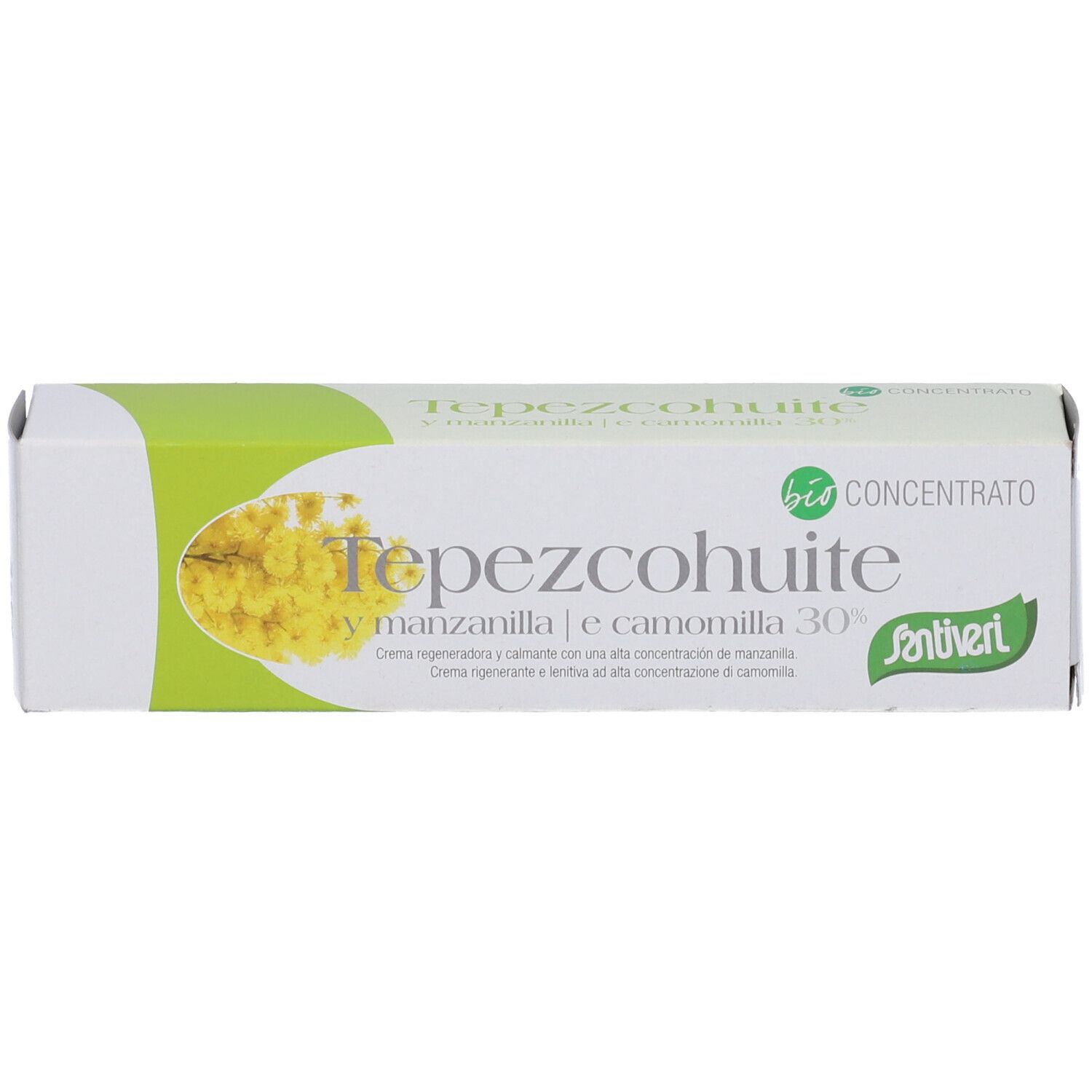 Scatola con scritta Tepezcohuite y manzanilla e camomilla 30%. Design verde e bianco. Marchio: Santiveri.
