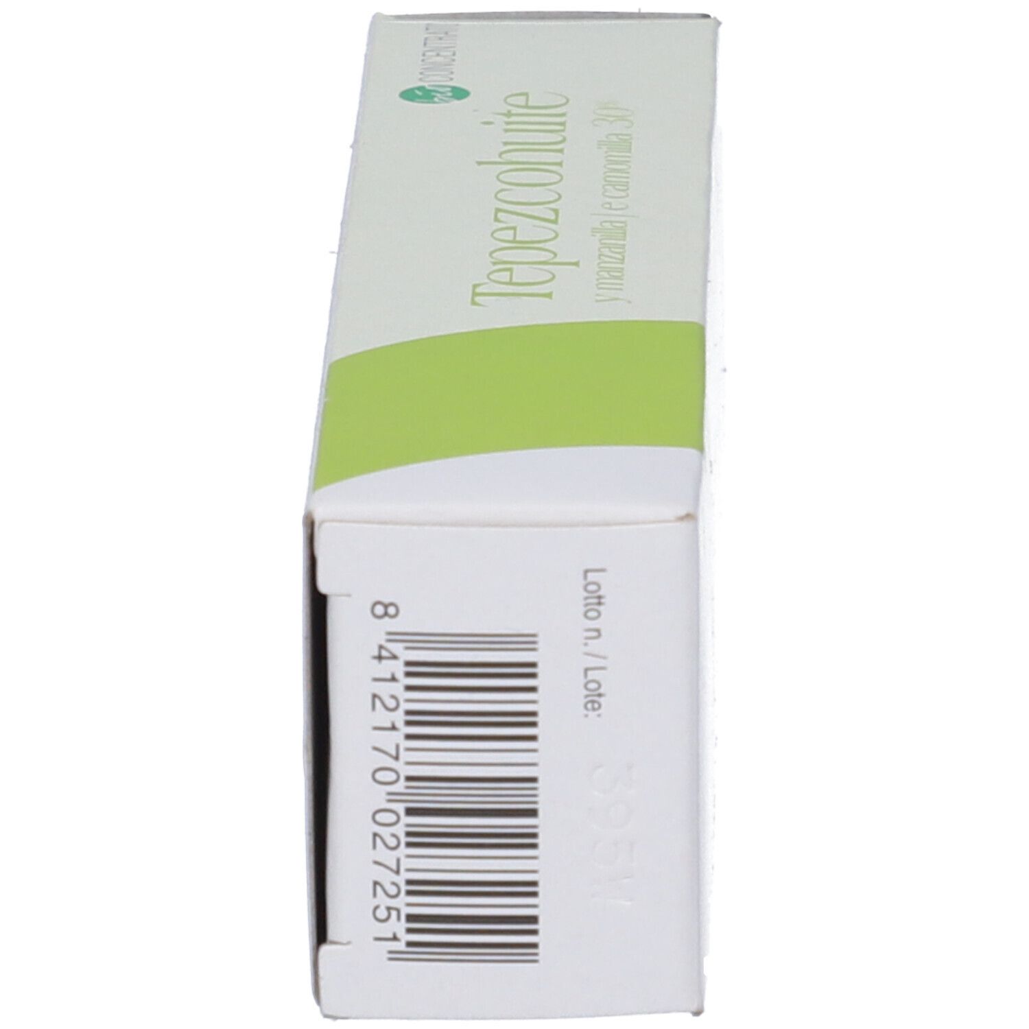 Vista laterale della scatola. Codice a barre e numero di lotto.
