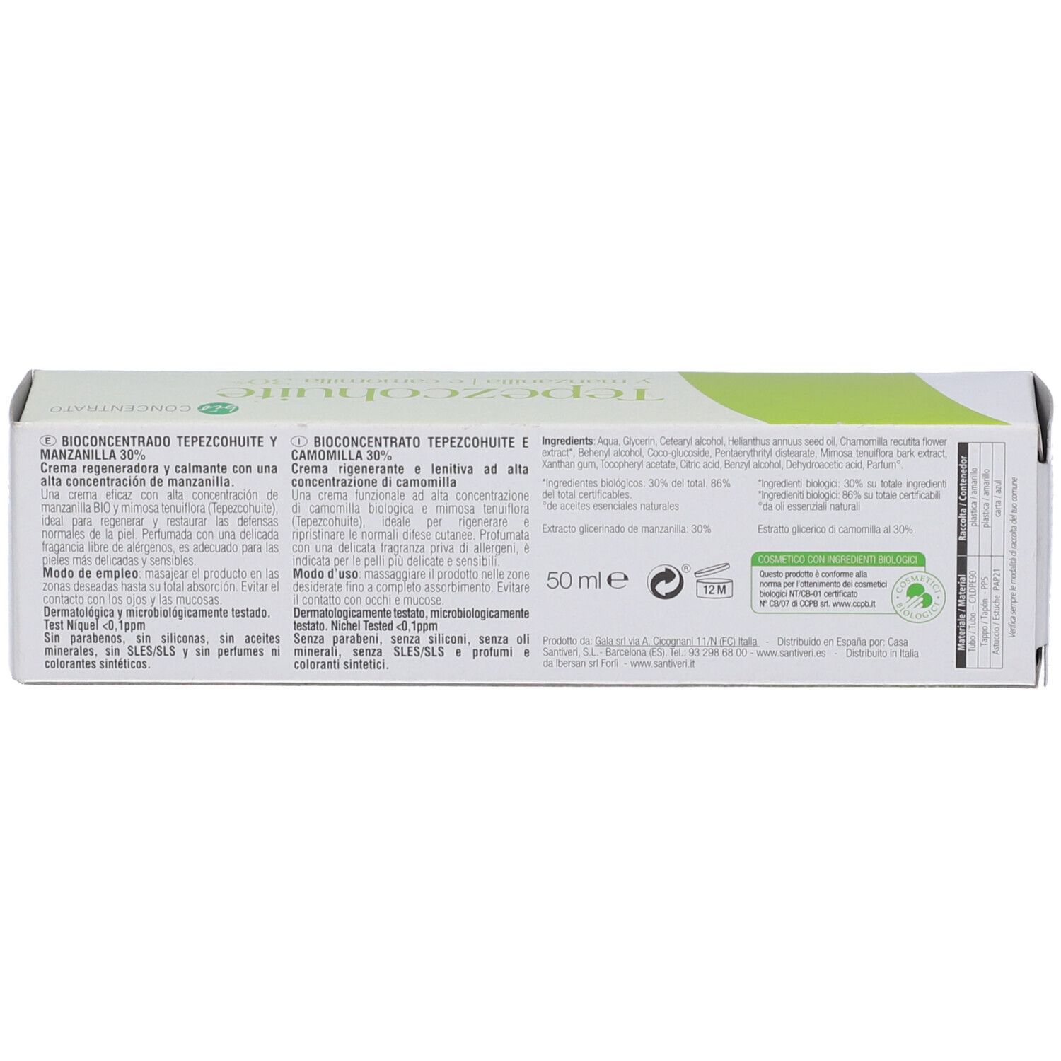 Retro della scatola. Testo multilingue. Contiene informazioni sugli ingredienti e sul produttore.