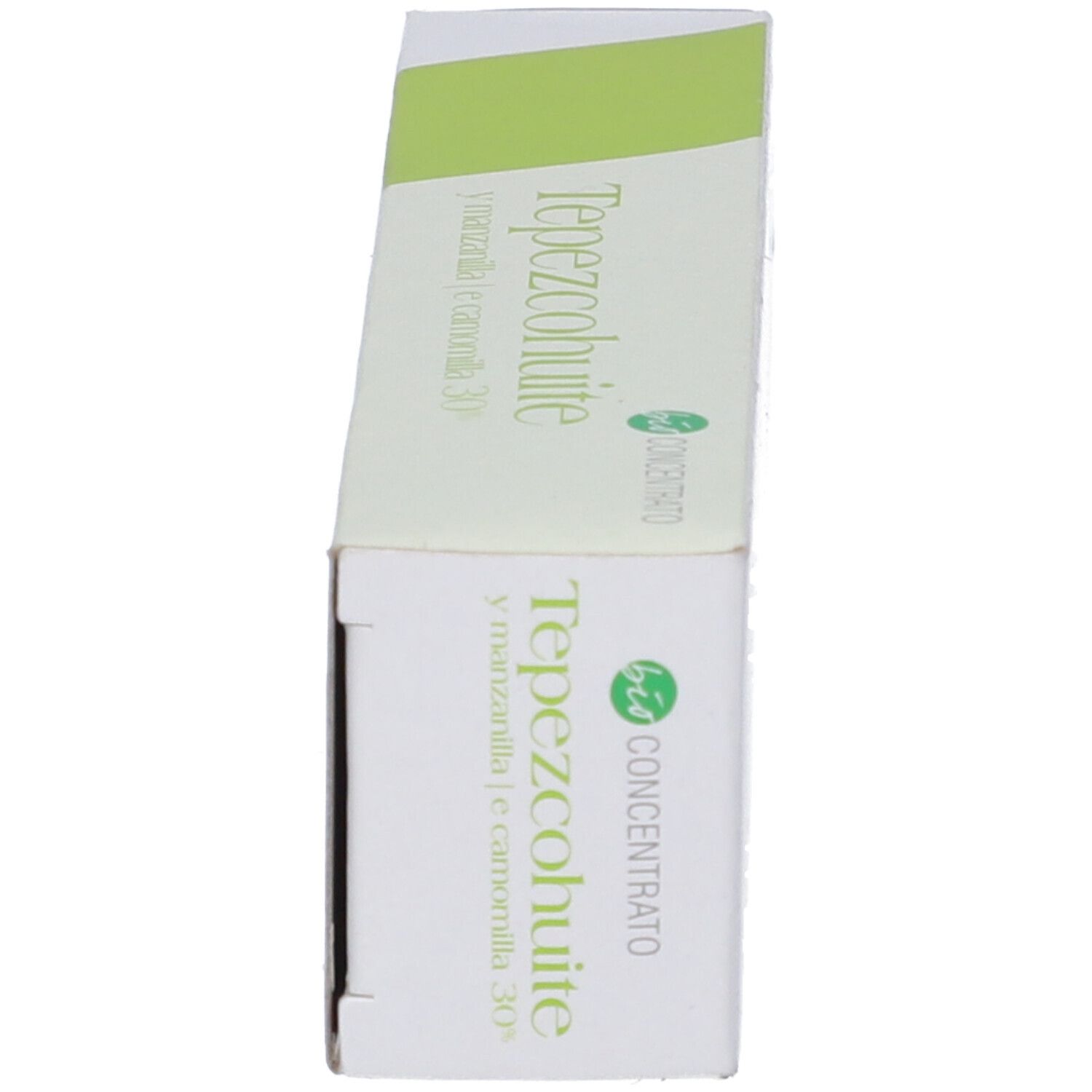 Vista laterale della scatola. Scritta Tepezcohuite y manzanilla e camomilla 30%.