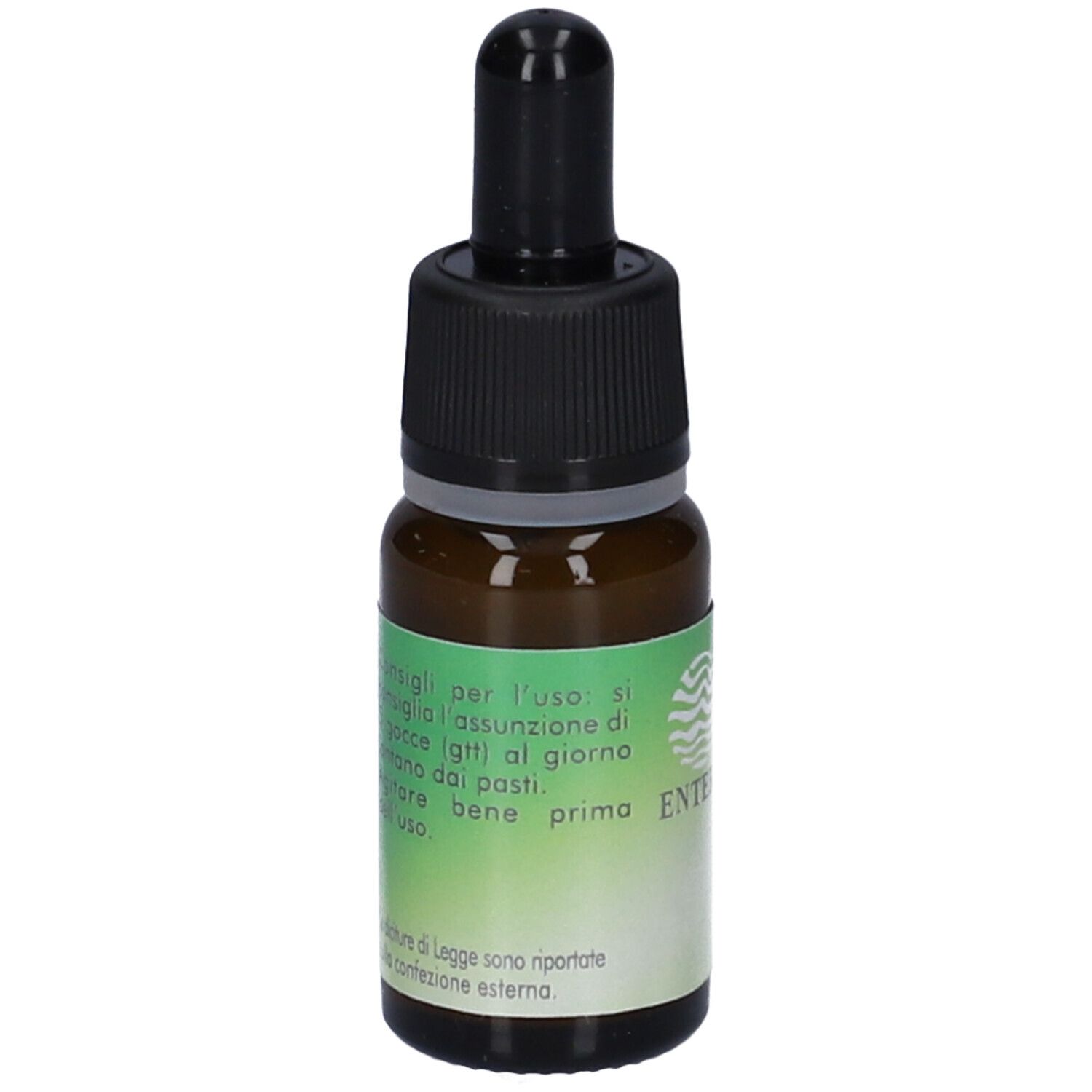 Flacone di vetro marrone con contagocce nero. Scritta: Enterosporina Gocce. Testo in italiano.