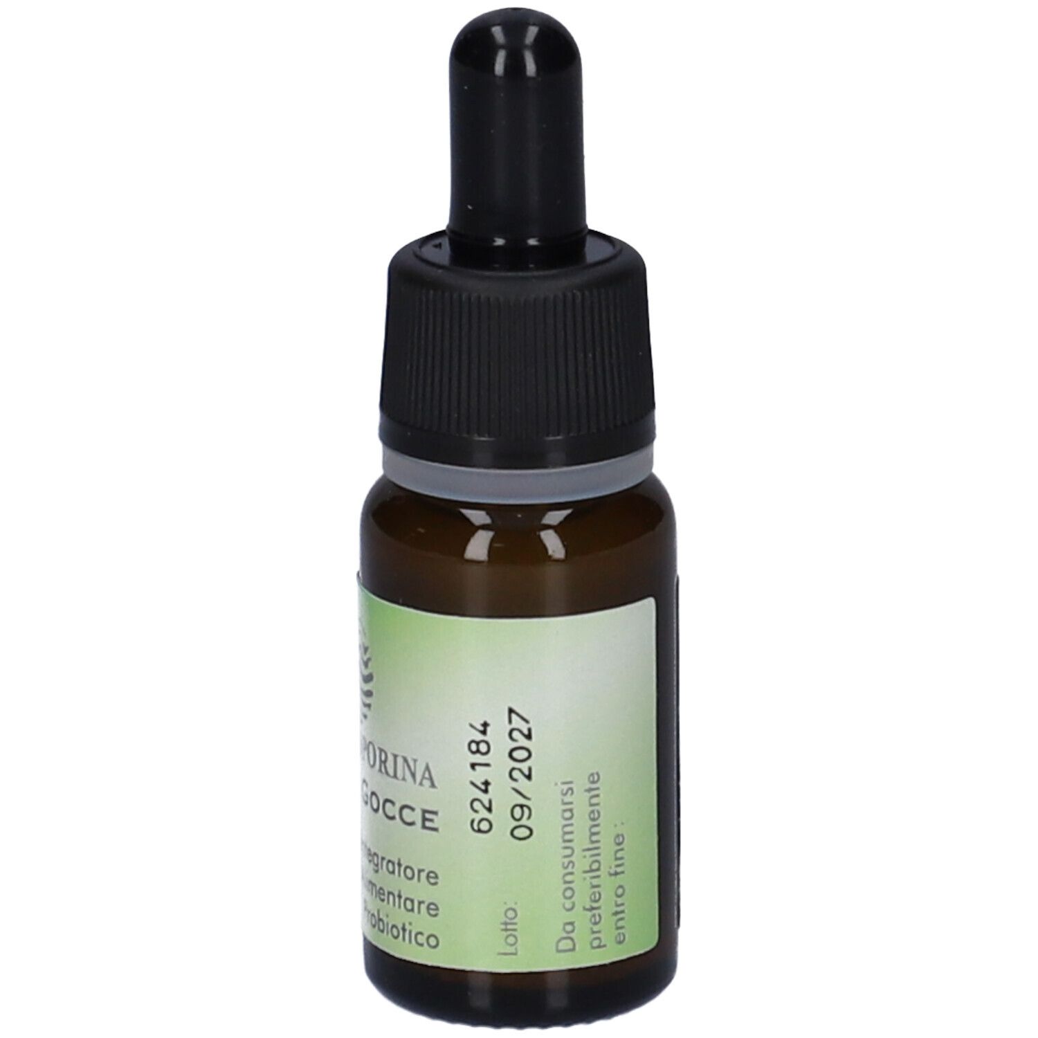 Flacone di vetro marrone con contagocce nero. Scritta: Enterosporina Gocce. Scadenza 09/2027.