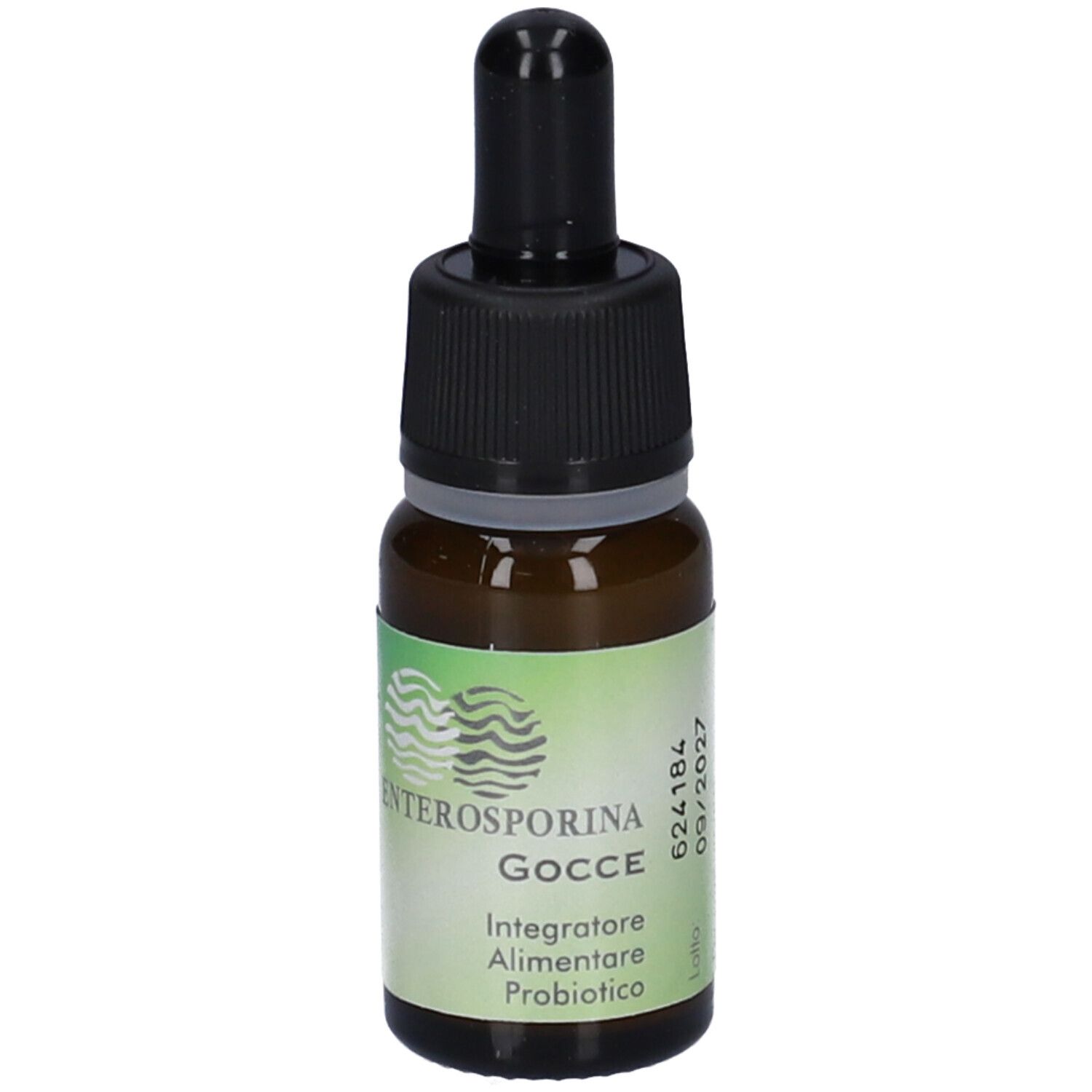 Flacone di vetro marrone con contagocce nero. Scritta: Enterosporina Gocce. Scadenza 09/2027.