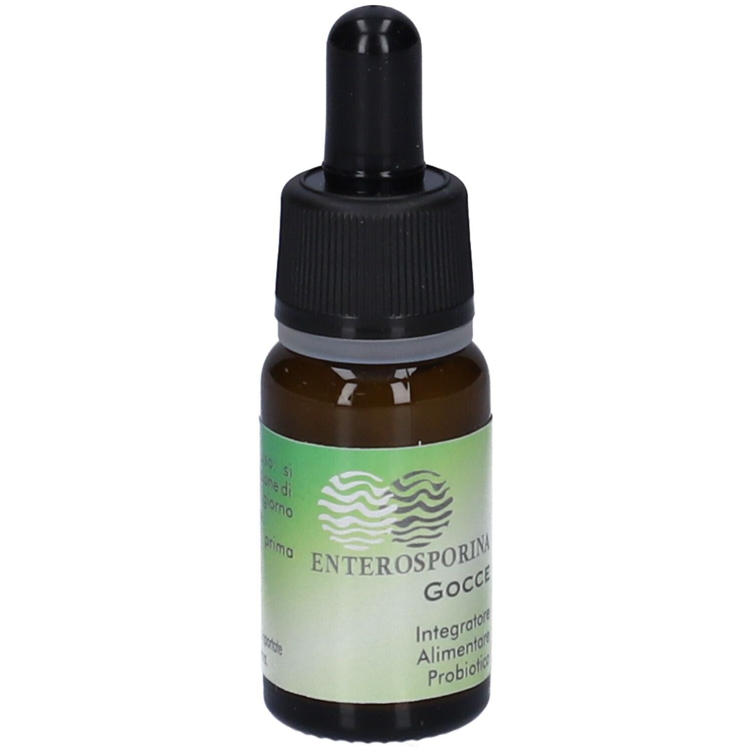 Flacone di vetro marrone con contagocce nero. Scritta: Enterosporina Gocce. Scadenza 09/2027.