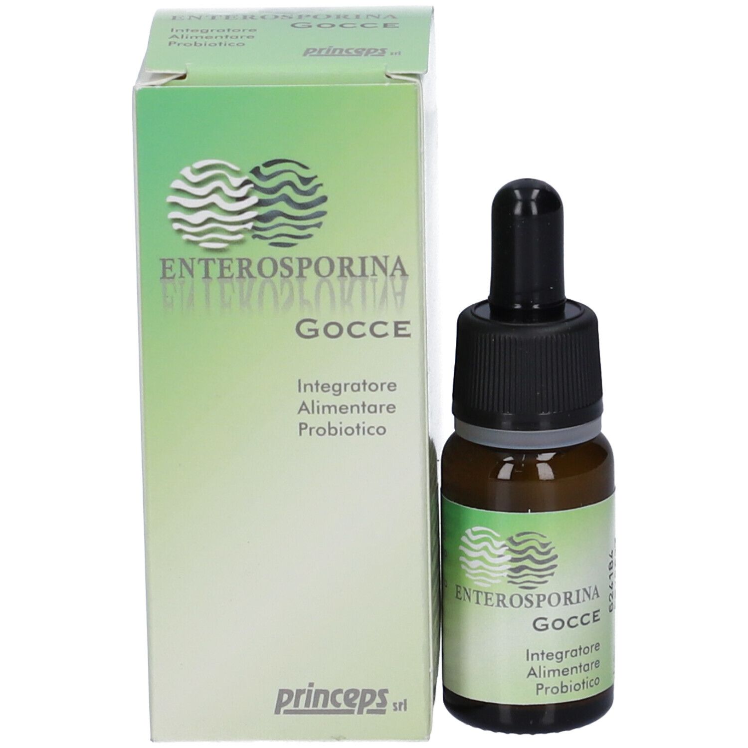 Flacone di vetro marrone con contagocce e scatola. Scritta: Enterosporina Gocce. Integratore Alimentare Probiotico.