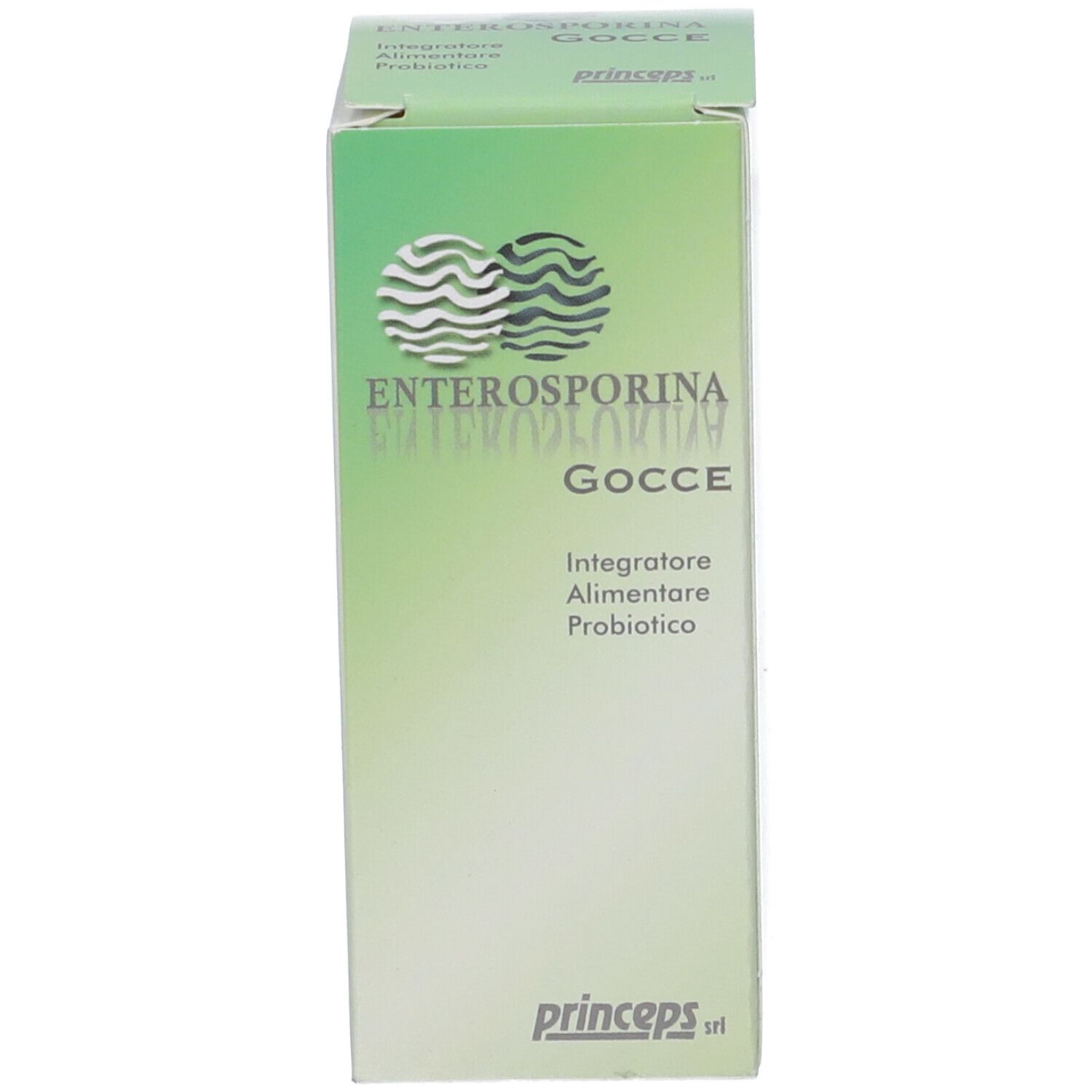 Scatola con scritta: Enterosporina Gocce. Integratore Alimentare Probiotico. Logo.