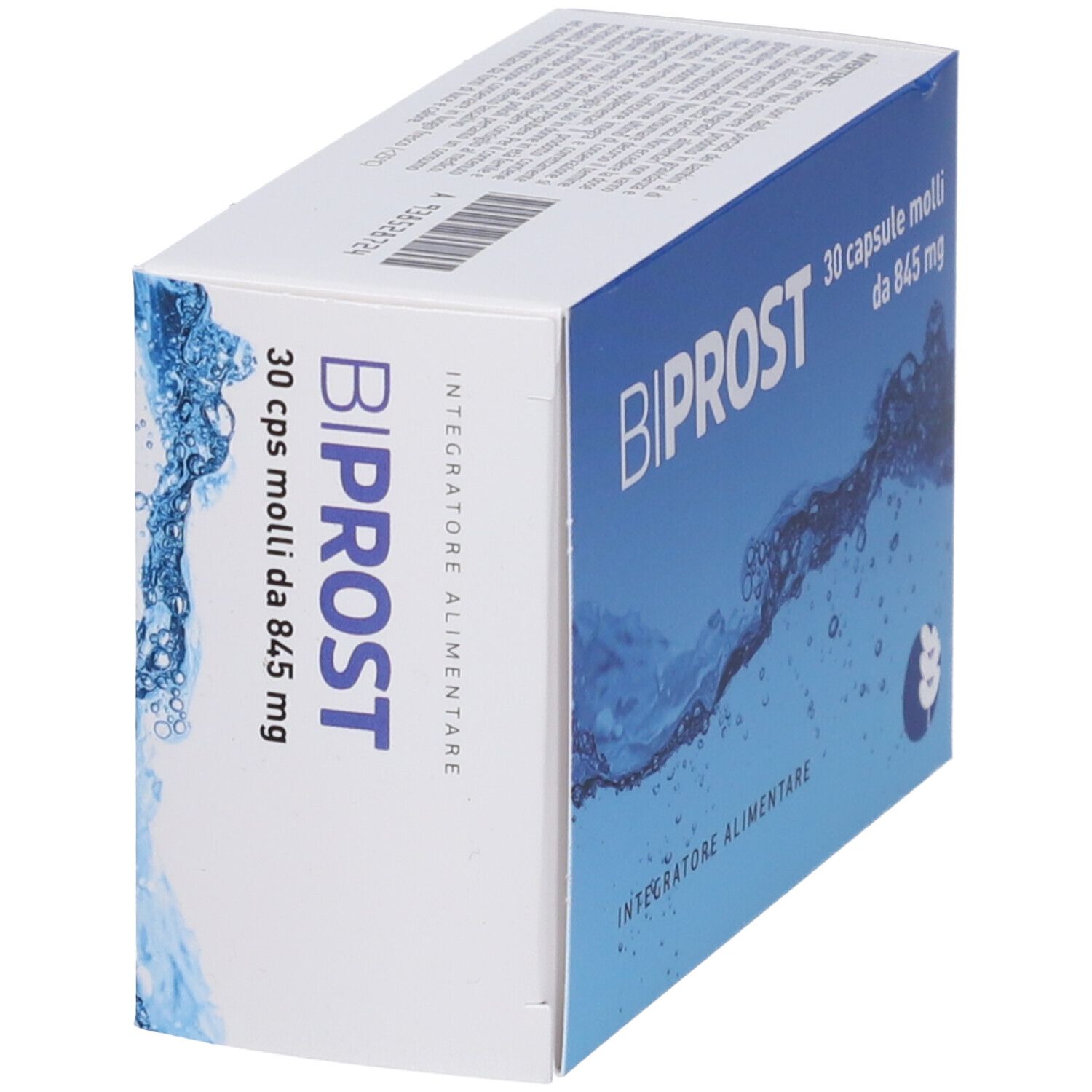 Scatola di capsule BiProst. Confezione blu e bianca con nome del prodotto e dettagli. 30 capsule.