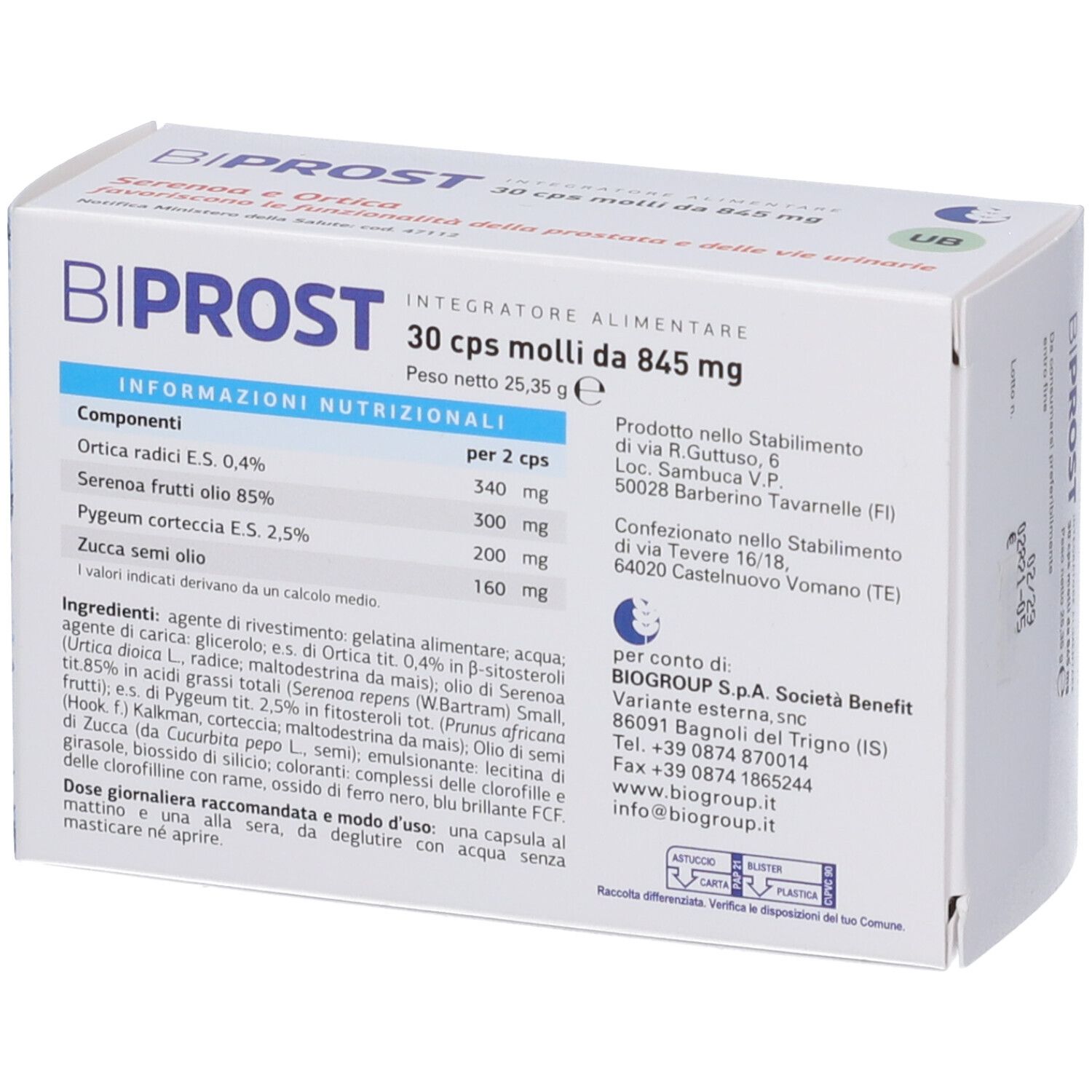 Confezione di capsule BiProst. Scatola bianca con fronte blu. Contiene informazioni sugli ingredienti e il produttore.