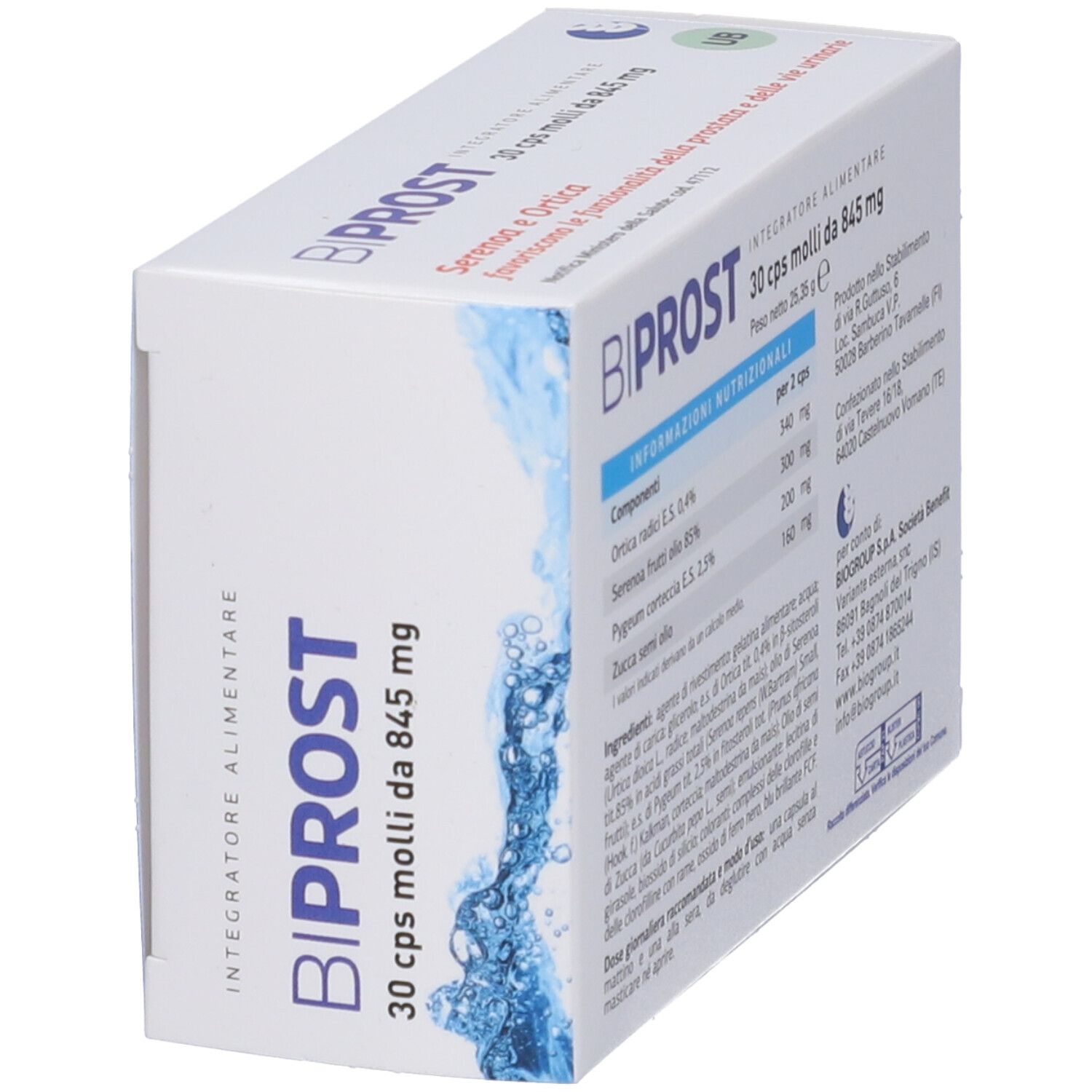 Confezione di capsule BiProst. Scatola bianca con fronte blu. Contiene informazioni sugli ingredienti e il produttore.