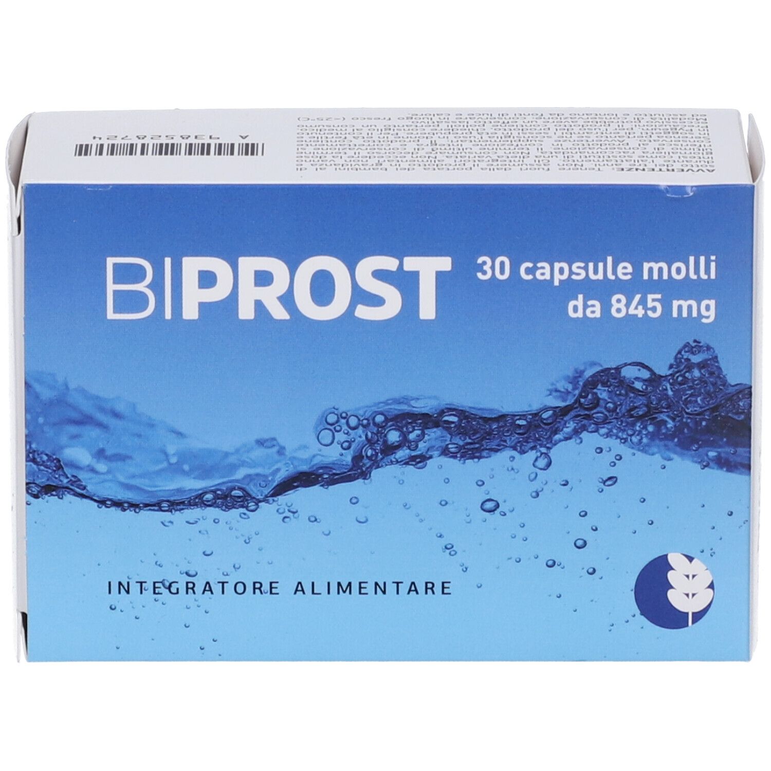 Scatola di capsule BiProst. Confezione blu e bianca con nome del prodotto e dettagli. 30 capsule.