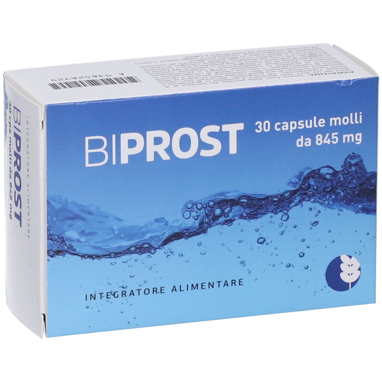 Scatola di capsule BiProst. Confezione blu e bianca con nome del prodotto e dettagli. 30 capsule.