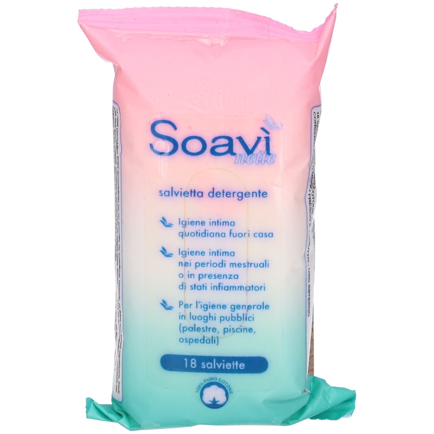 Confezione rosa-verde. Testo: Soavi, Salviette Detergenti. 18 pezzi. Simbolo cotone. Per l'igiene intima.