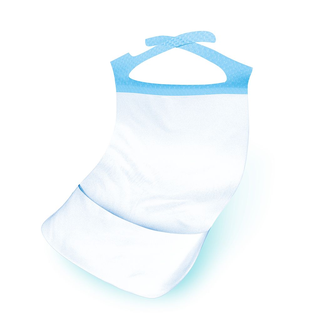 Bavaglino TENA bianco con bordi blu e tasca. Laccio per il collo. Sfondo azzurro.