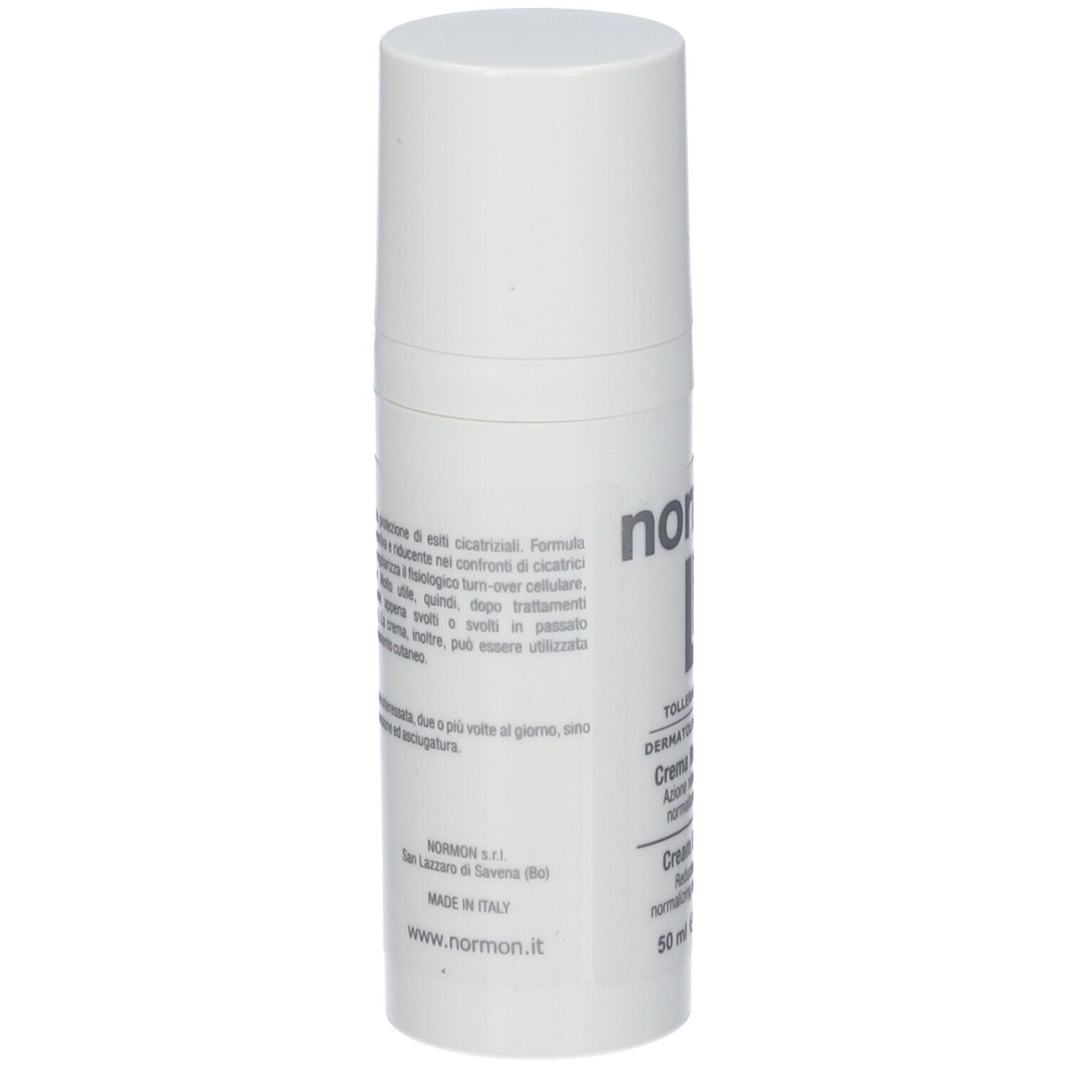 Tubo di crema bianco con tappo a vite. Testo sul retro. Marchio: normon. Prodotto in Italia.