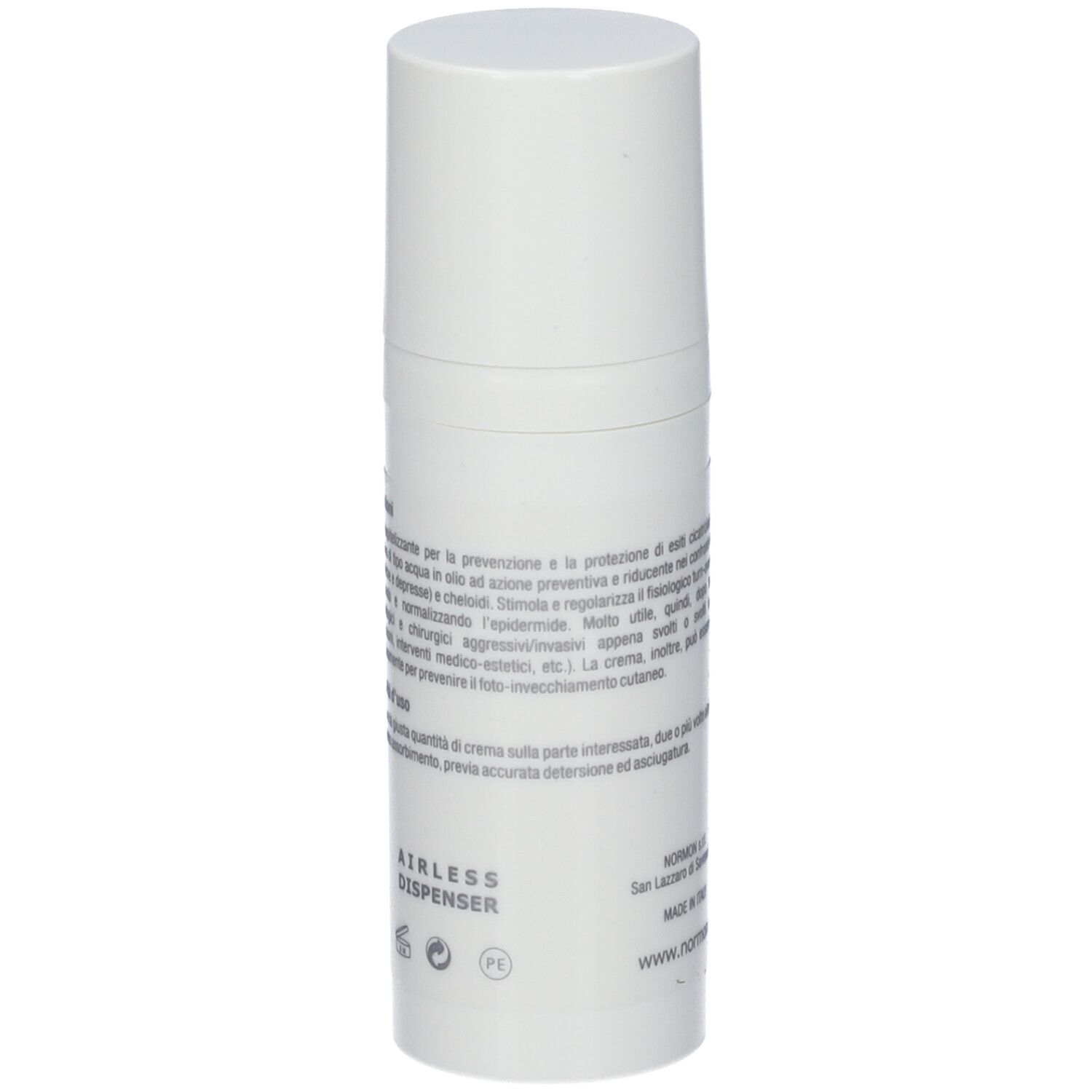 Tubo di crema bianco con tappo a vite. Scritta: Airless Dispenser. Testo sul retro.