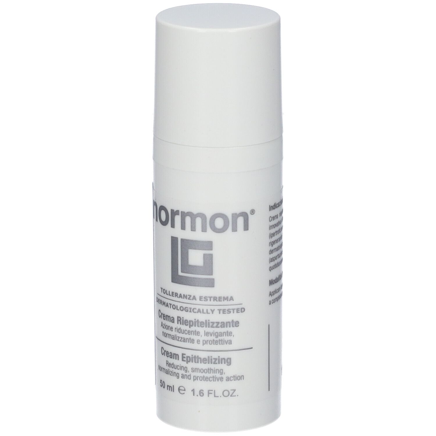Tubo di crema bianco con tappo a vite. Scritta: normon, LC, Creme Riepitelizzante, Cream Epithelizing, 50 ml.