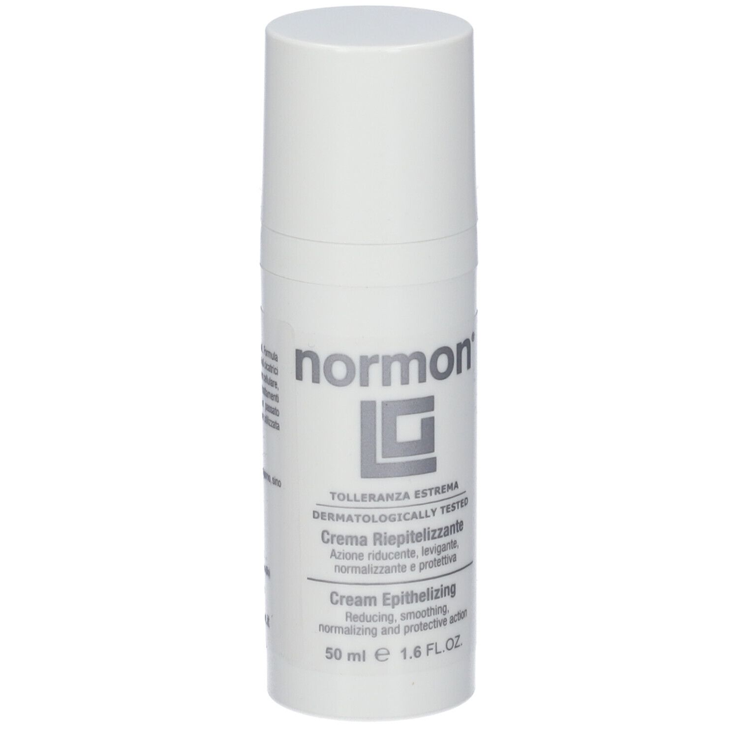 Tubo di crema bianco con tappo a vite. Scritta: normon, LC, Creme Riepitelizzante, Cream Epithelizing, 50 ml.