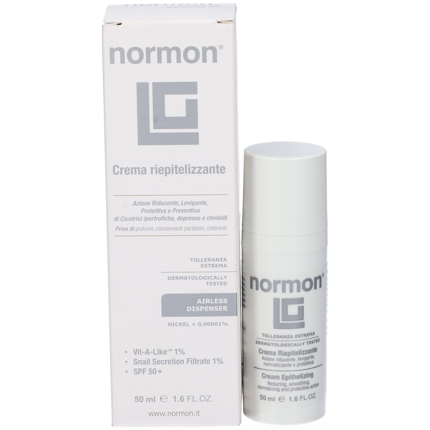 Confezione e tubo del prodotto. Scritta: normon, LC, Creme Riepitelizzante, Airless Dispenser, 50 ml, SPF 50+.