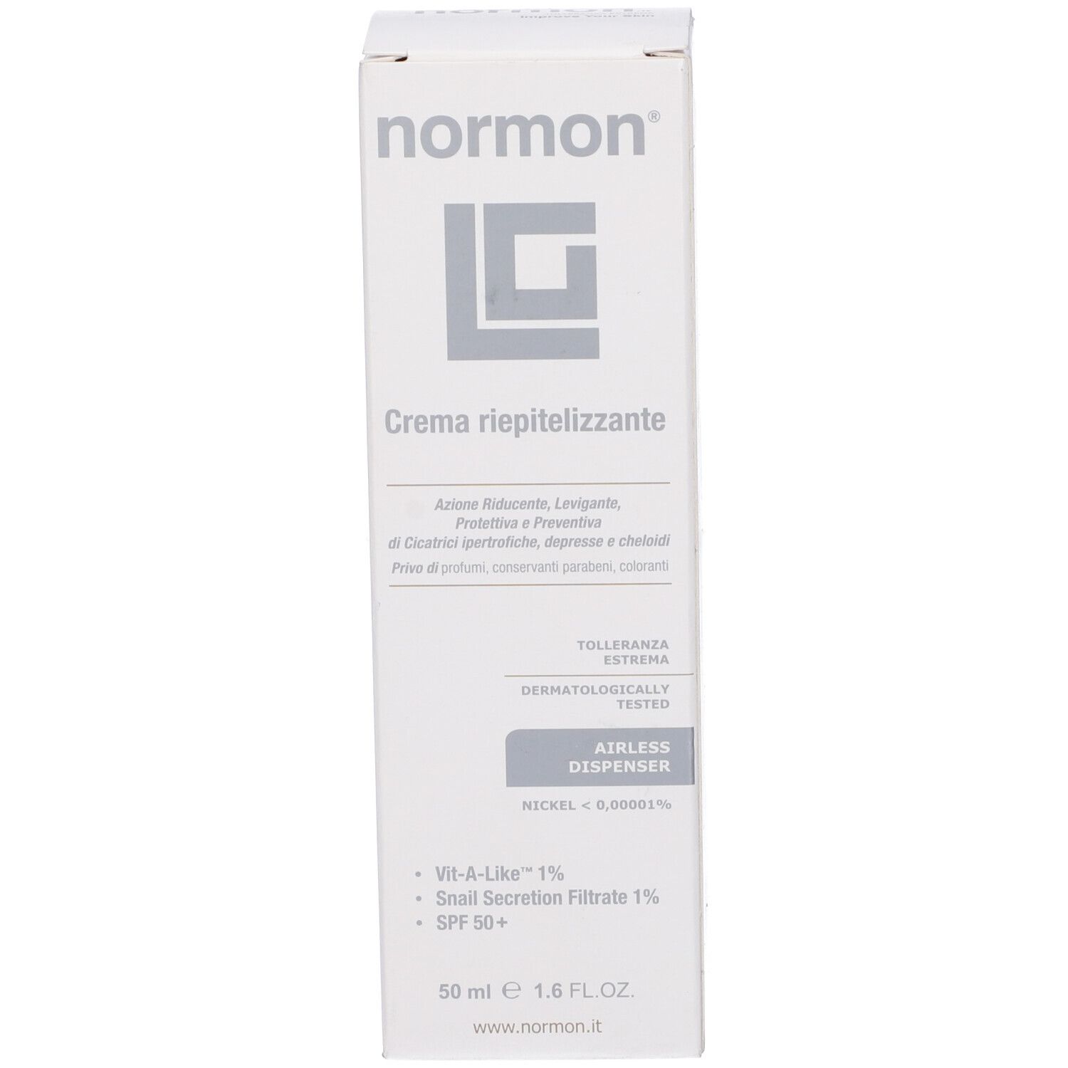 Confezione del prodotto. Scritta: normon, LC, Creme Riepitelizzante, Airless Dispenser, 50 ml, SPF 50+.