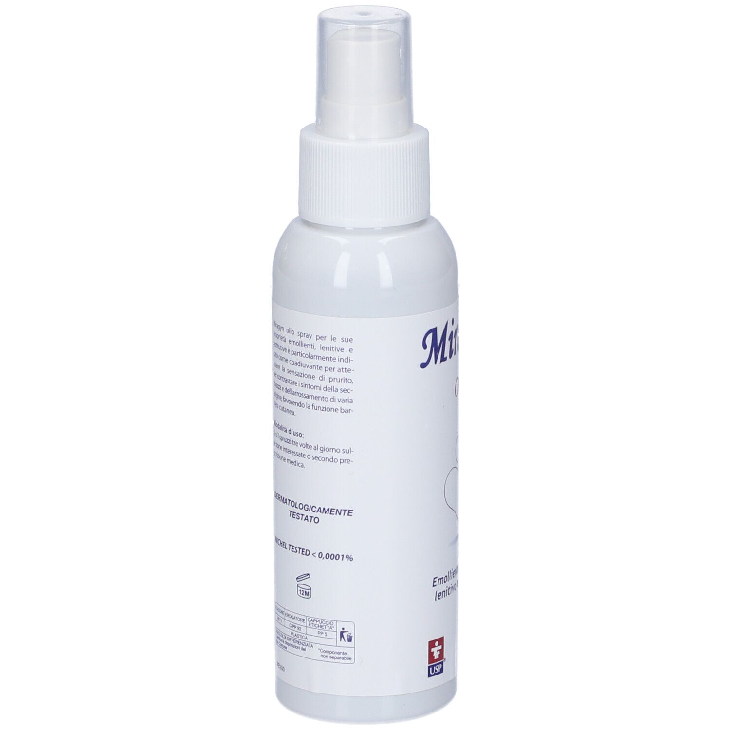 Flacone spray bianco con testo sul retro. Dermatologicamente testato. Nichel testato <0,0001%.