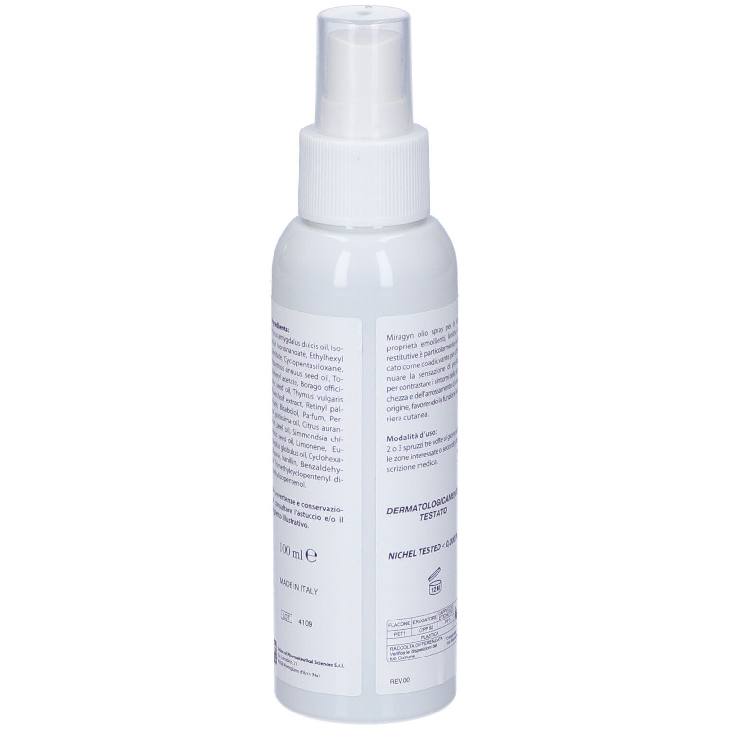 Flacone spray bianco con testo sul retro. 100 ml. Dermatologicamente testato. Nichel testato.