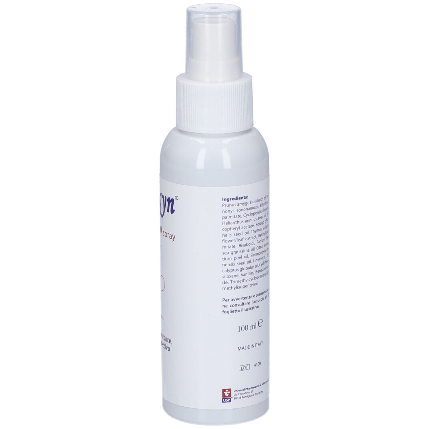 Flacone spray bianco con elenco ingredienti. 100 ml. Dermatologicamente testato. Nichel testato.