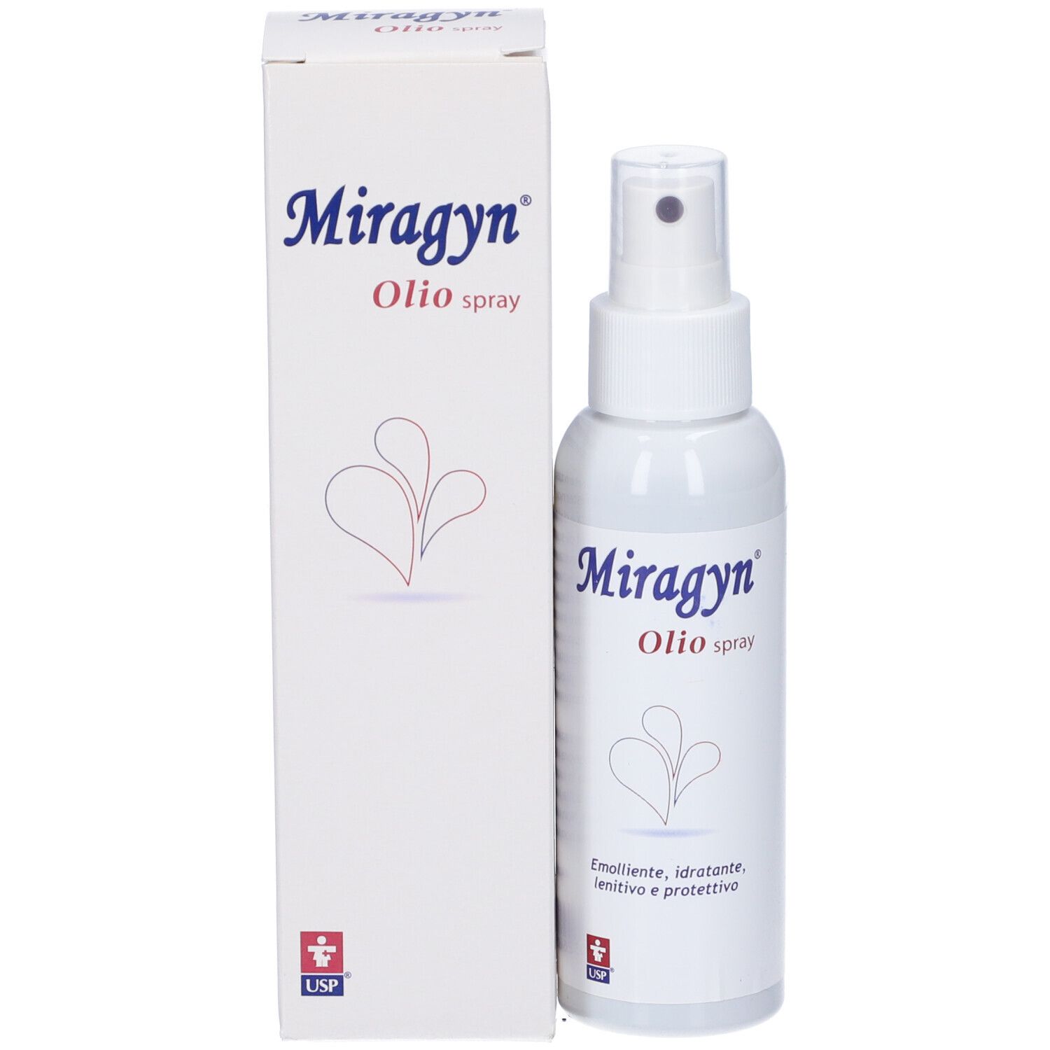 Flacone spray bianco e scatola. Testo: Miragyn Olio spray. Emolliente, idratante, lenitivo e protettivo. USP.