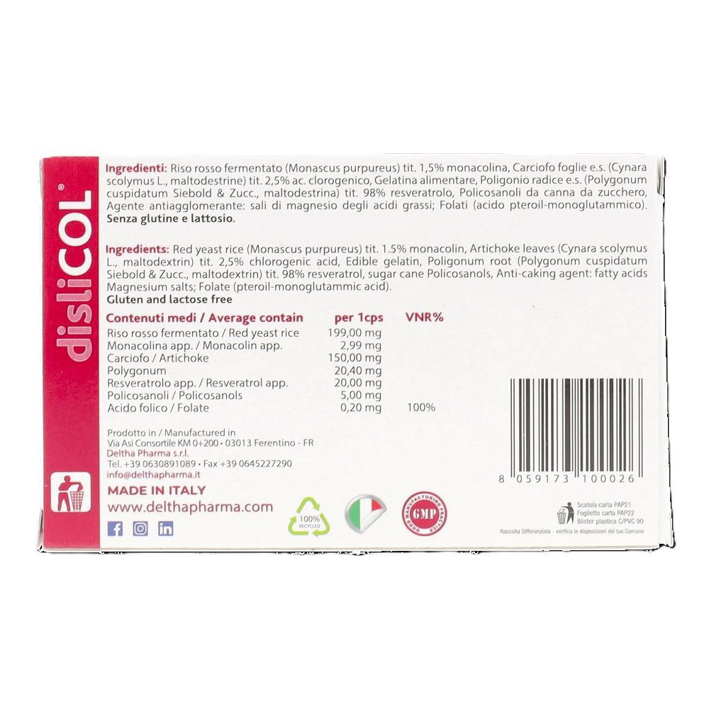 Retro della scatola con ingredienti e informazioni nutrizionali. Contiene informazioni in italiano e inglese.