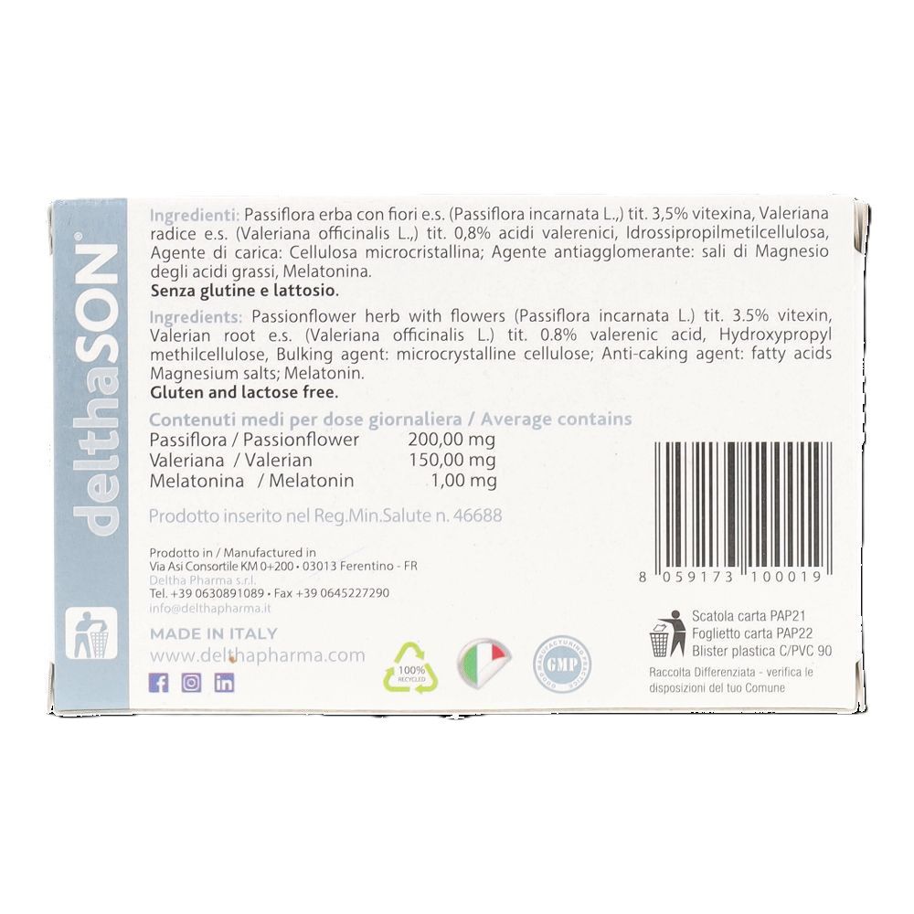 Retro della scatola "delthaSON". Contiene ingredienti, informazioni nutrizionali e codice a barre. Testo in italiano.