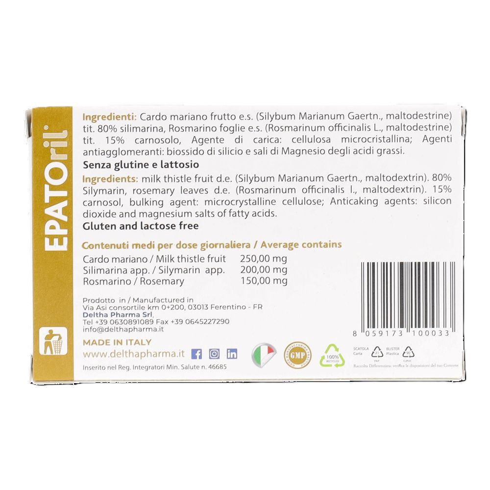 Retro della confezione EPATORIL. Elenco ingredienti, informazioni nutrizionali, produttore.
