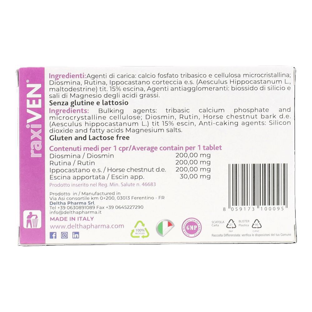 Retro della confezione RAXIVEN Compresse. Contiene ingredienti, informazioni nutrizionali e produttore.