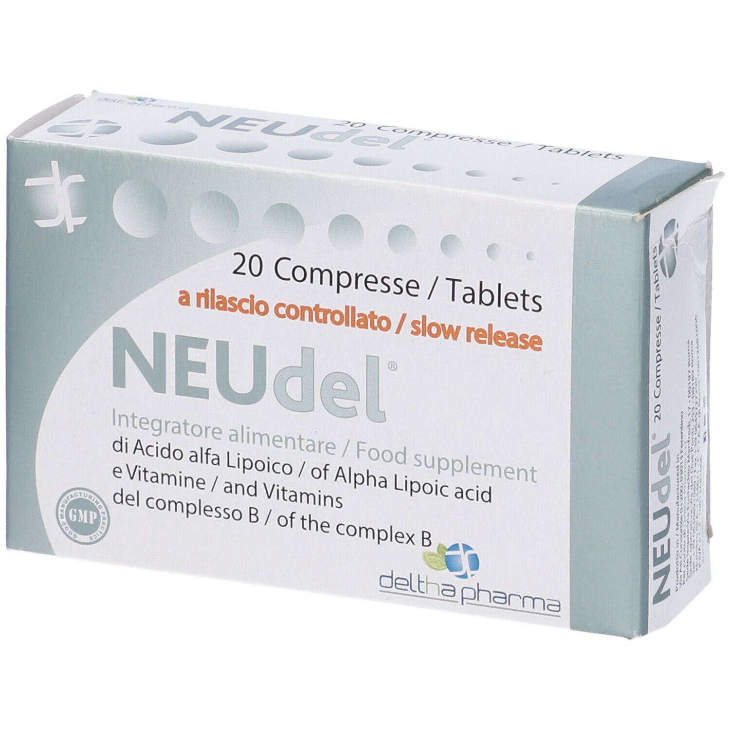 Scatola di compresse "NEUdel". Scritta: 20 Compresse/Tablets, a rilascio controllato/slow release. Logo Deltha Pharma.