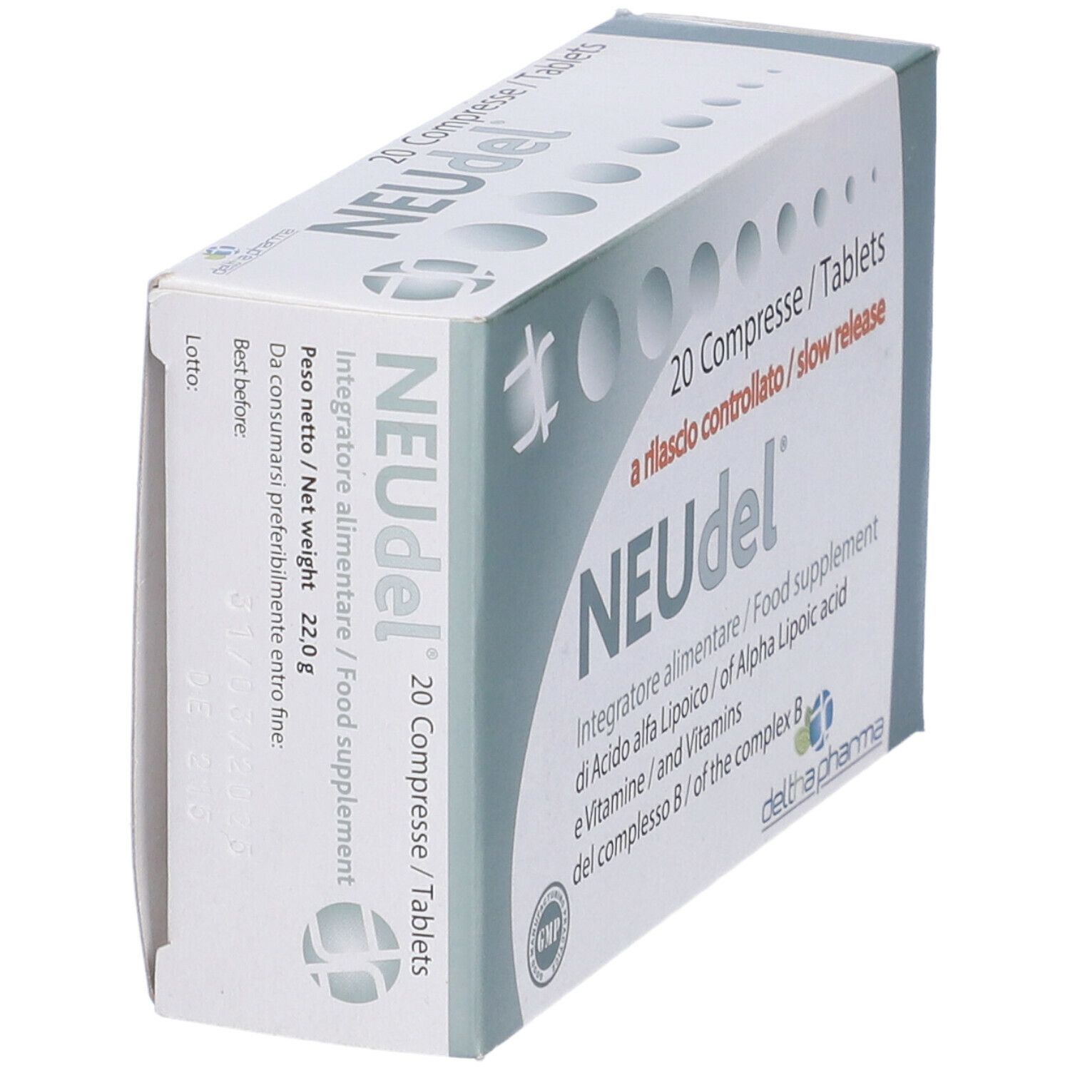 Scatola di compresse "NEUdel". Scritta: 20 Compresse/Tablets, a rilascio controllato/slow release. Logo Deltha Pharma.
